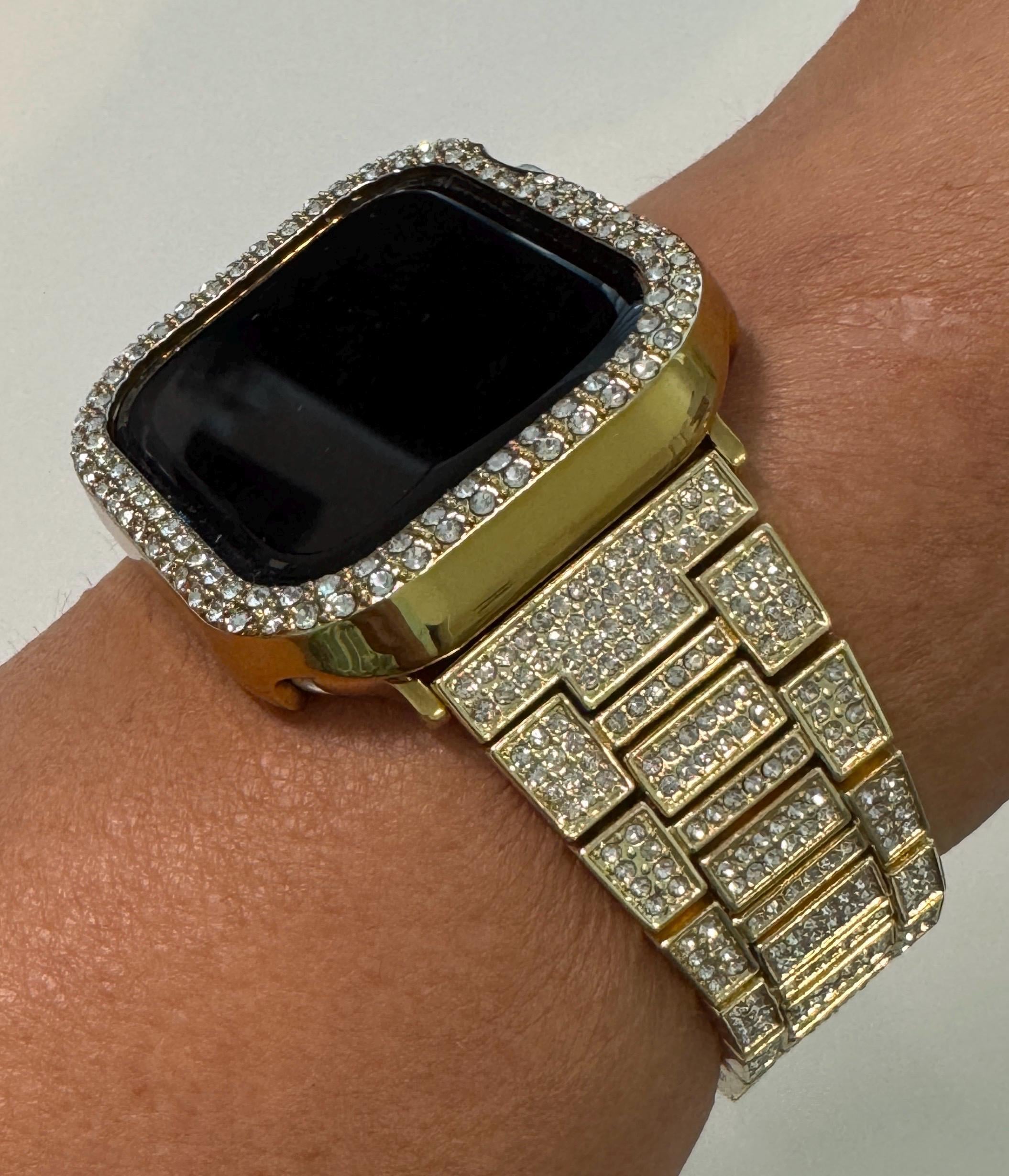Series 10 Apple Watch Band Gold Swarovski Crystal & or Apple Watch Case Rhinestone Protective Apple Watch Face Iphone Watch 38-49mm Iwatch