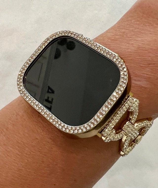 Series 10 Apple Watch Band Gold Swarovski Crystal Bracelet 38mm-49mm & or Apple Watch Cover Iphone Watch Case Protective Bumper