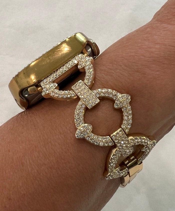 Series 10 Apple Watch Band Gold Swarovski Crystal Bracelet 38mm-49mm & or Apple Watch Cover Iphone Watch Case Protective Bumper