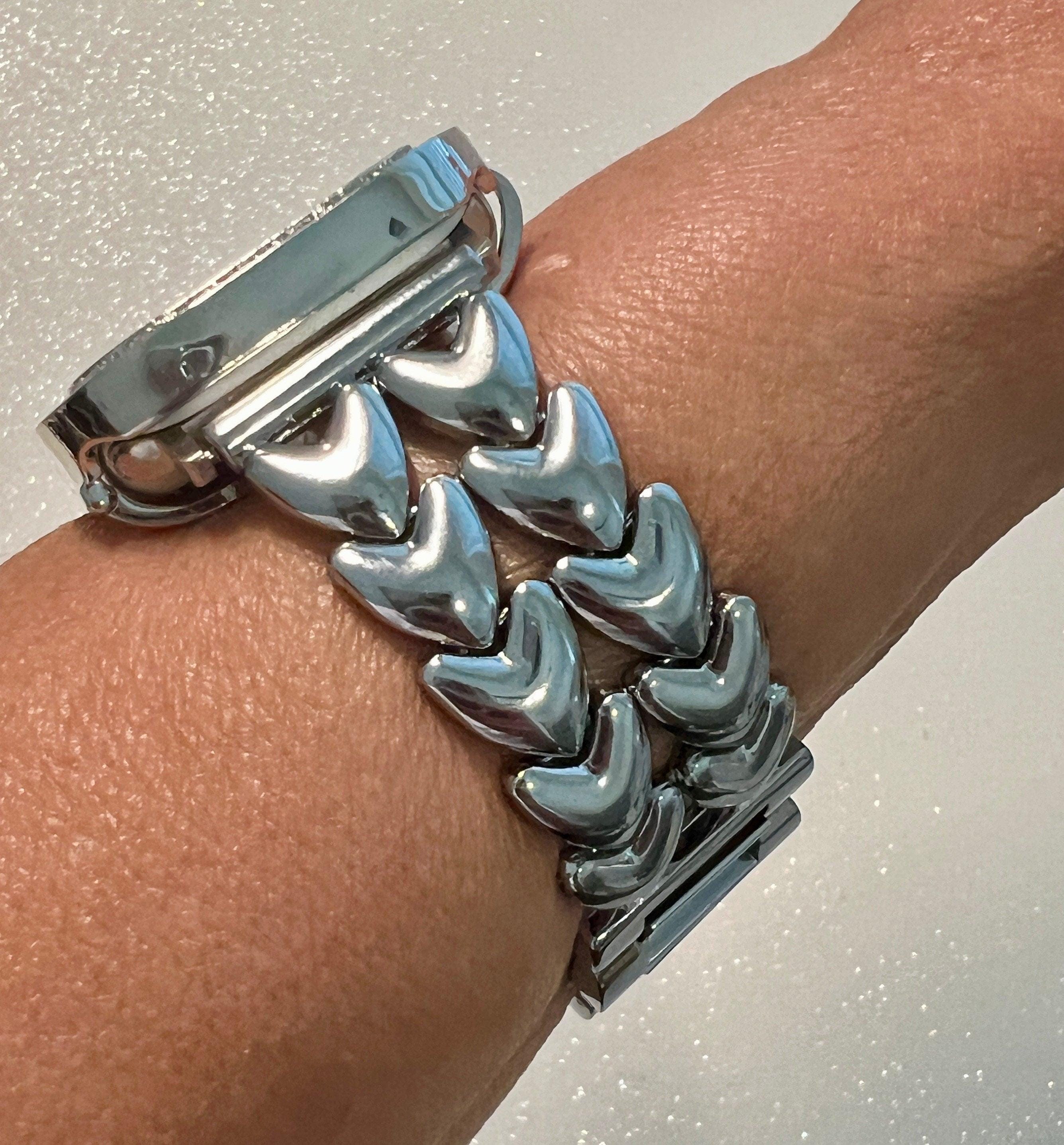 Silver Apple Watch Band Double Row Hearts 38 40 41 42 44 45mm, Iwatch band & or Apple Watch Case Baguette Lab Diamond Bezel Cover Gift