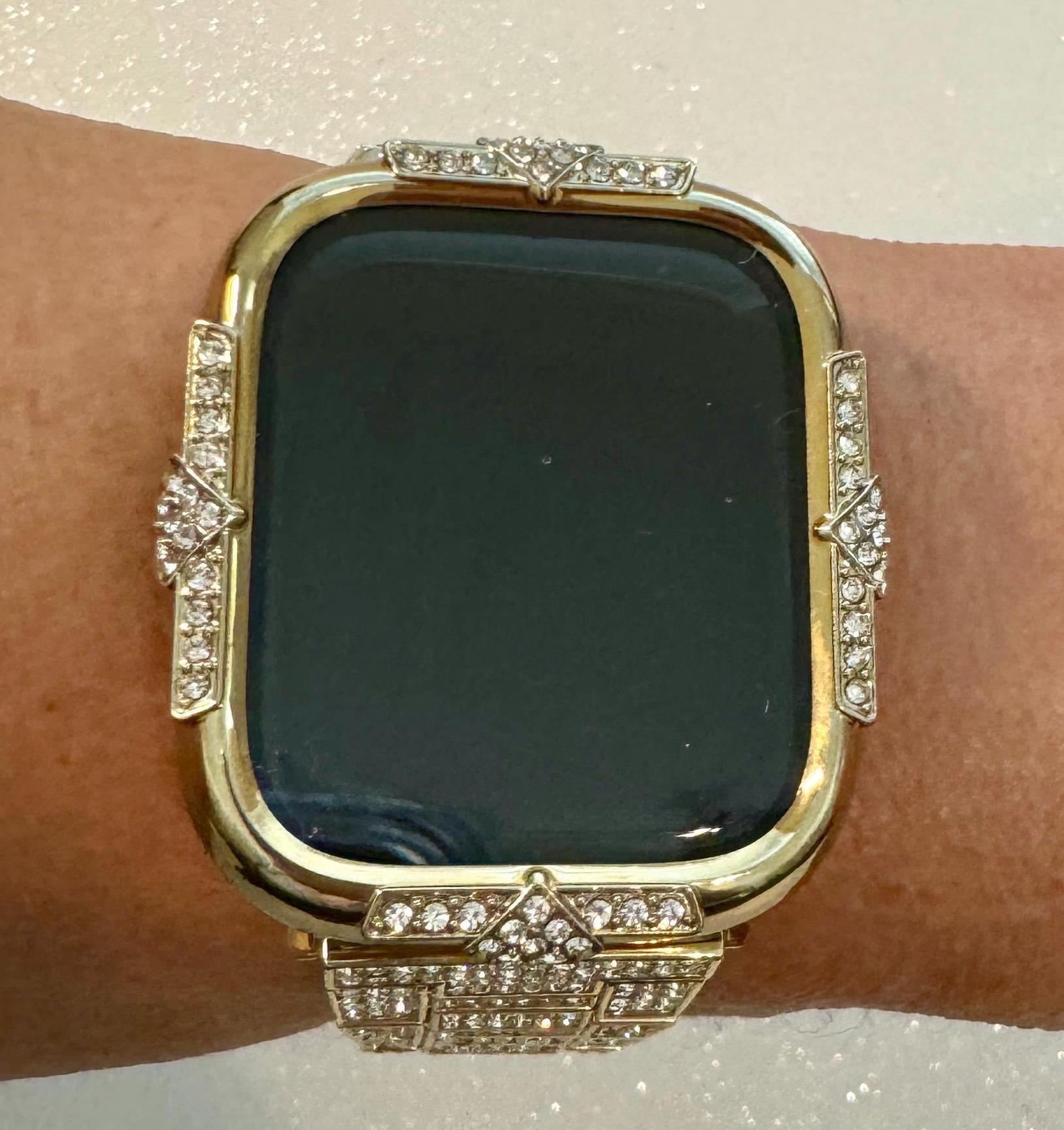Apple Watch Cover 14k GP Yellow Gold Screen Protector Women Swarovski Crystal Apple Watch Case 41mm 45mm Tempered Glass Iphone Watch Case