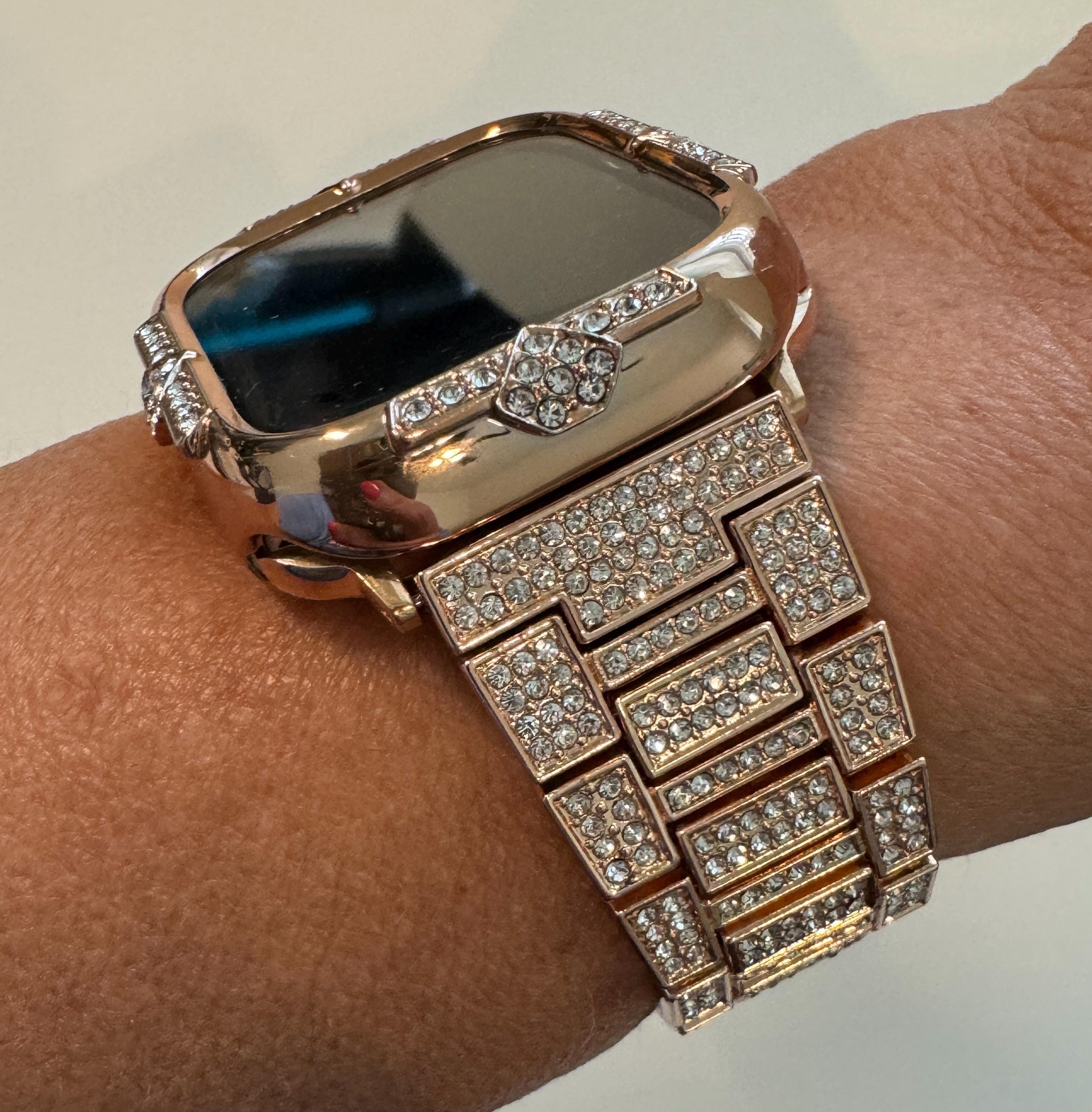 Rose Gold Apple Watch Band 41mm Swarovski Crystal Bracelet 41mm 45mm Minimalist & or Apple Watch Case 14kgp Iphone Watch Cover 40mm 44mm