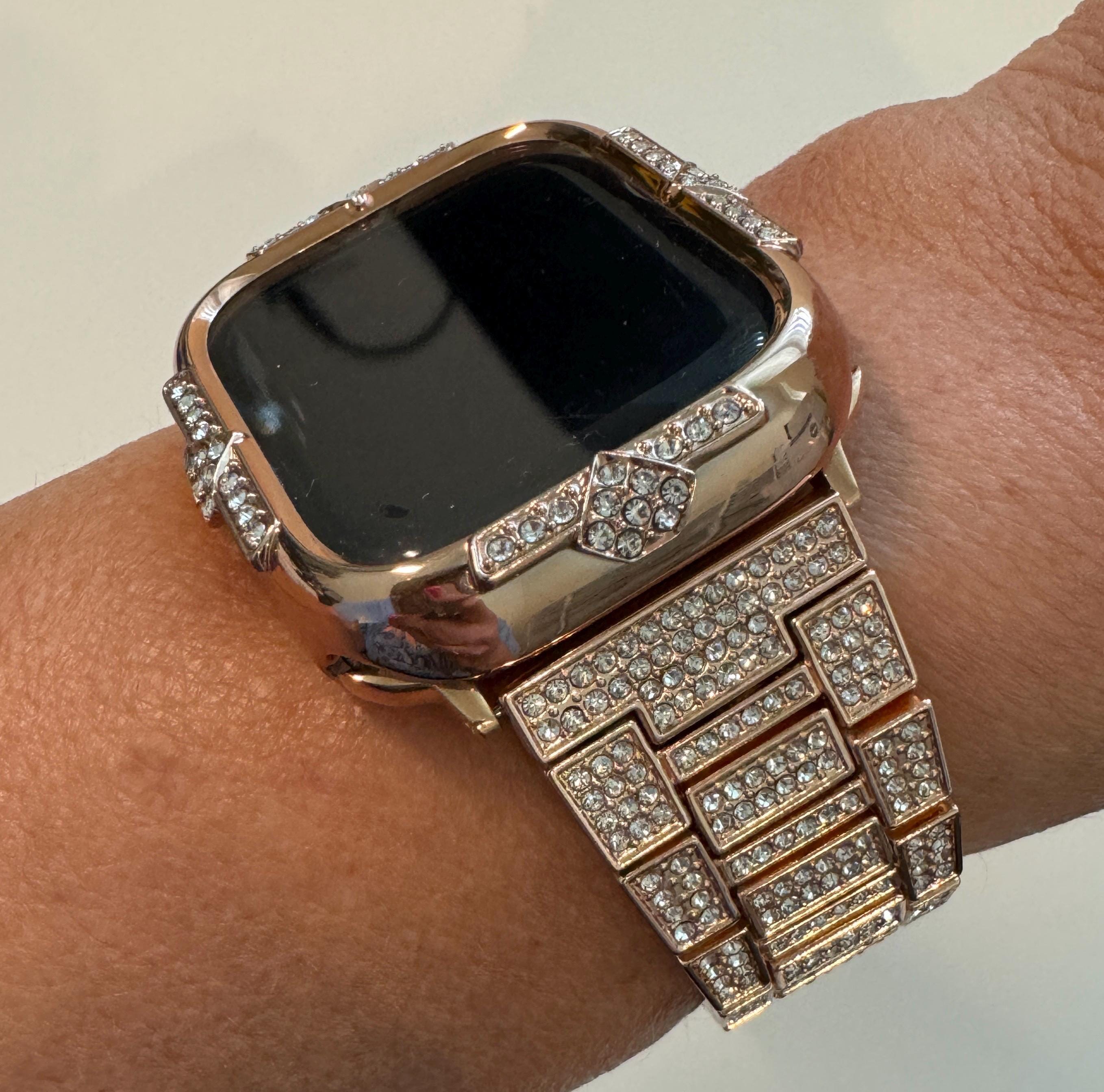 Rose Gold Apple Watch Band 41mm Swarovski Crystal Bracelet 41mm 45mm Minimalist & or Apple Watch Case 14kgp Iphone Watch Cover 40mm 44mm