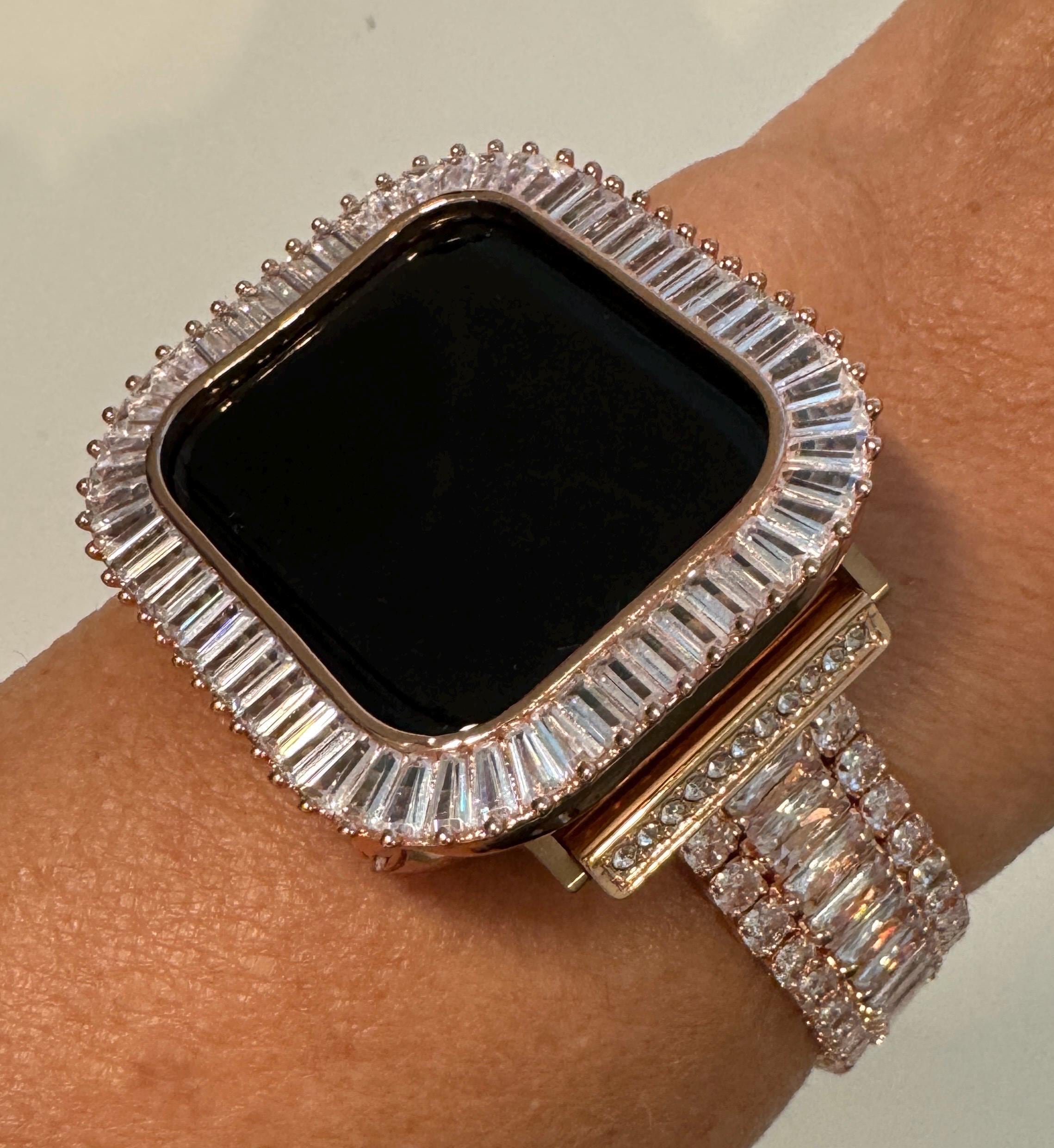 Apple Watch Band Womens Bracelet Swarovski Crystal 14k Rose Gold PL & or Apple Watch Case Lab Diamond Bezel for Iphone Watch 38mm-45mm Bling