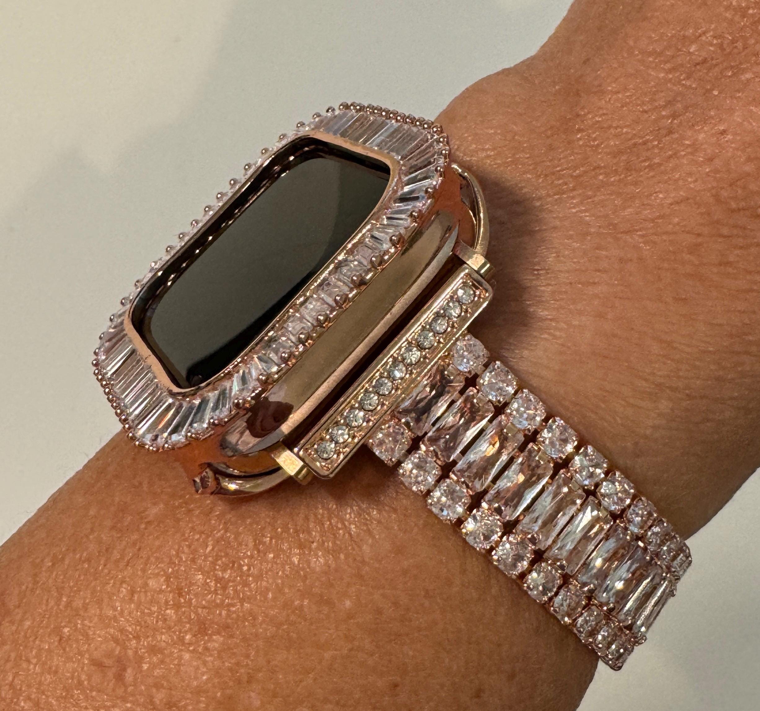 Apple Watch Band Womens Bracelet Swarovski Crystal 14k Rose Gold PL & or Apple Watch Case Lab Diamond Bezel for Iphone Watch 38mm-45mm Bling