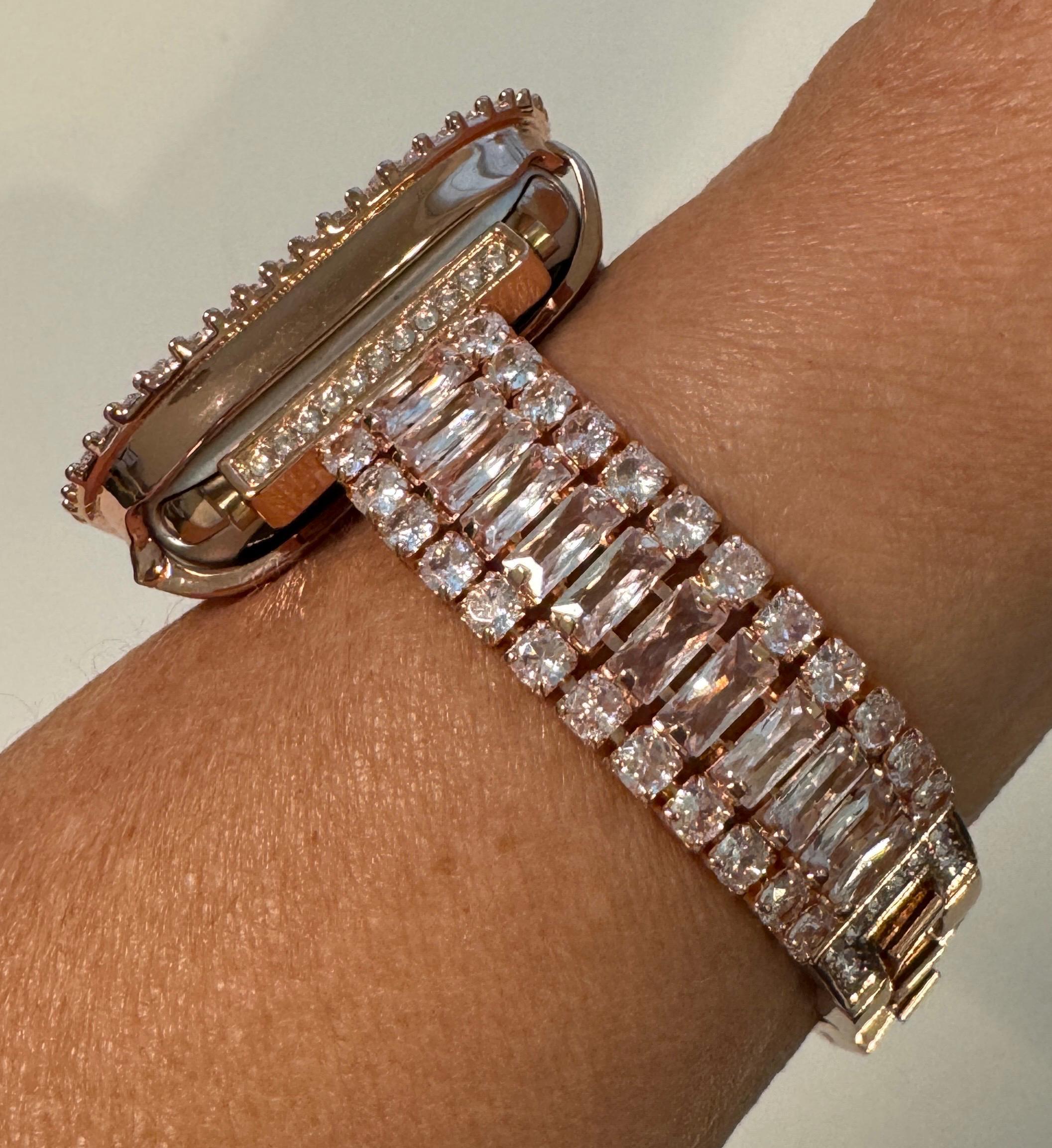 Apple Watch Band Womens Bracelet Swarovski Crystal 14k Rose Gold PL & or Apple Watch Case Lab Diamond Bezel for Iphone Watch 38mm-45mm Bling