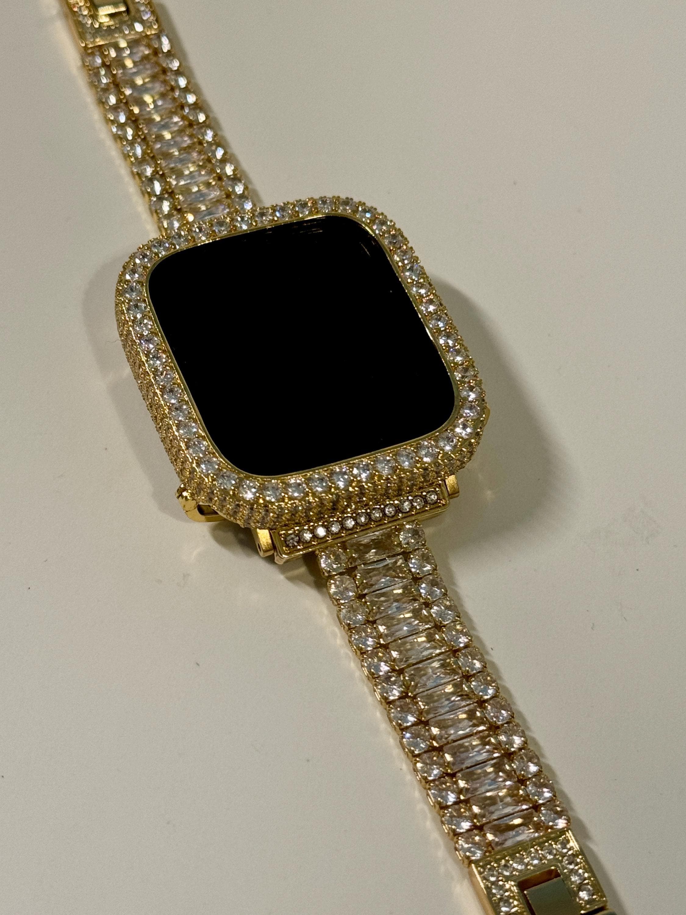 Apple Watch Band Womens Swarovski Crystals 14k Yellow Gold PL & or Apple Watch Case Lab Diamond Bezel for Iphone Watch Cover Iwatch Candy