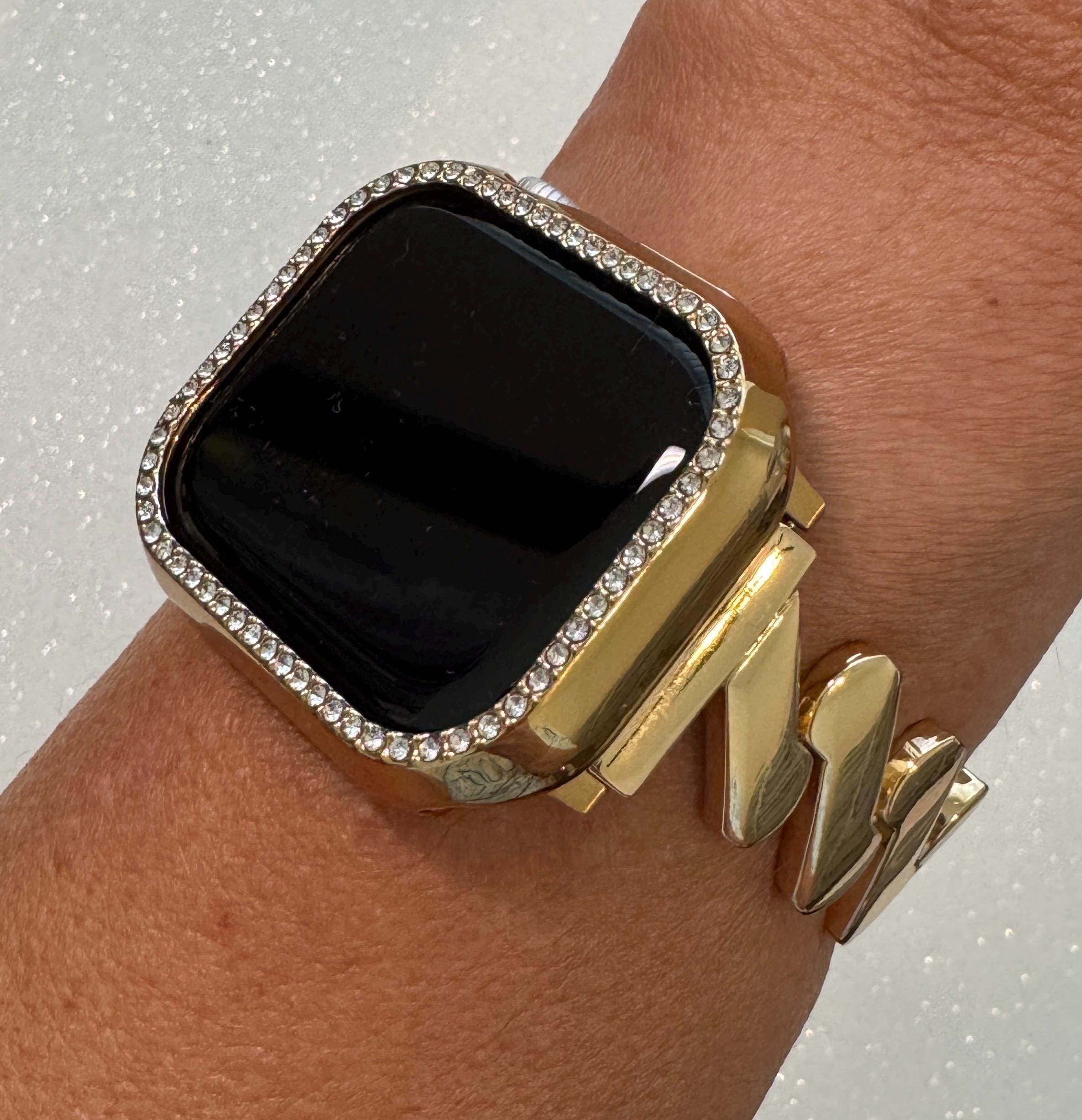 Apple Watch Band Series 10 42mm 46mm Yellow Gold & Or Apple Watch Cover Swarovski Crystal Iphone Watch Case 41mm 45mm 49mm Ultra Bling