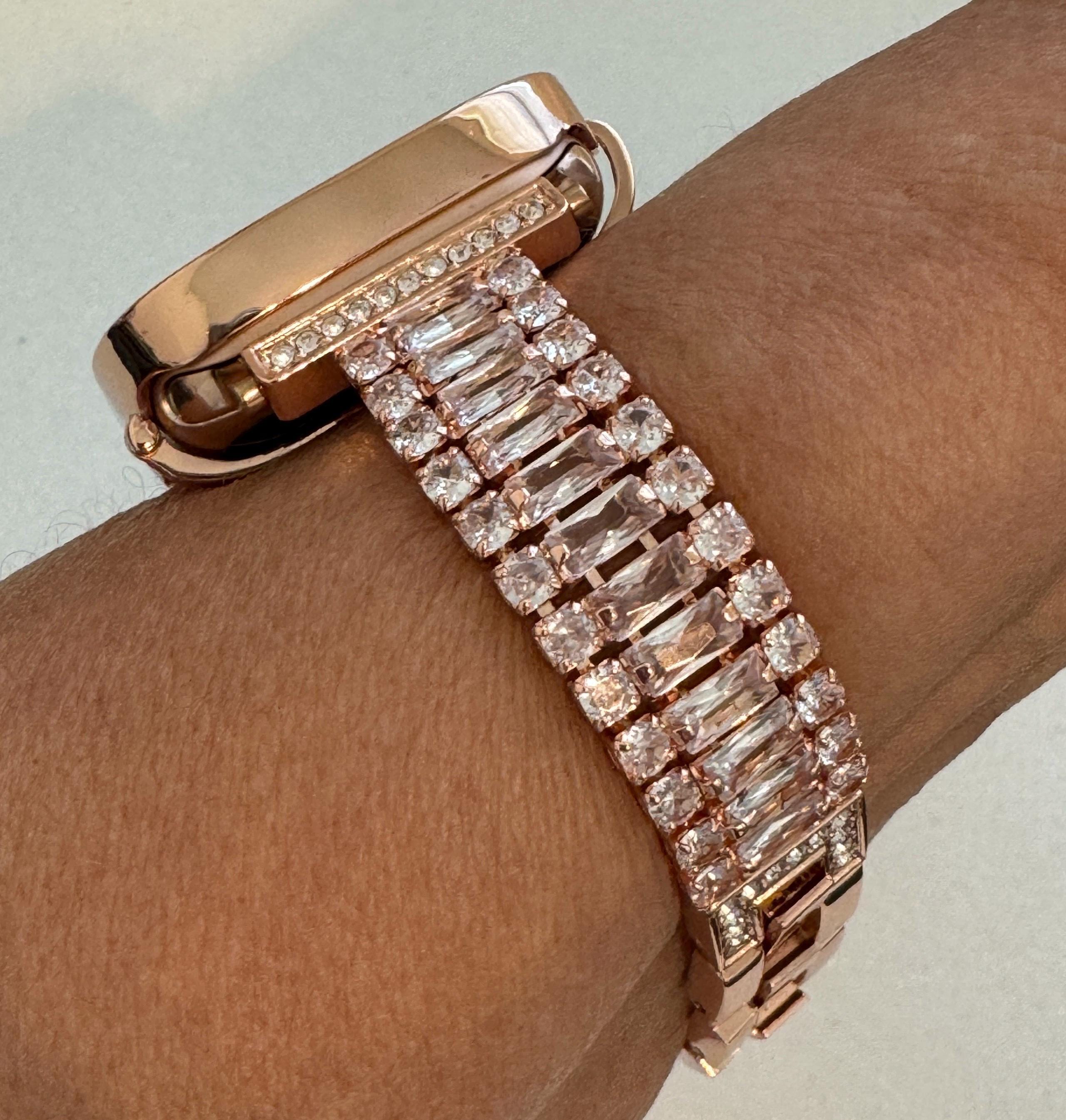 Rose Gold Apple Watch Band Womens Bracelet Baguette Swarovski Crystals & or Apple Watch Case Lab Diamond Bezel for Iphone Watch 38mm-45mm