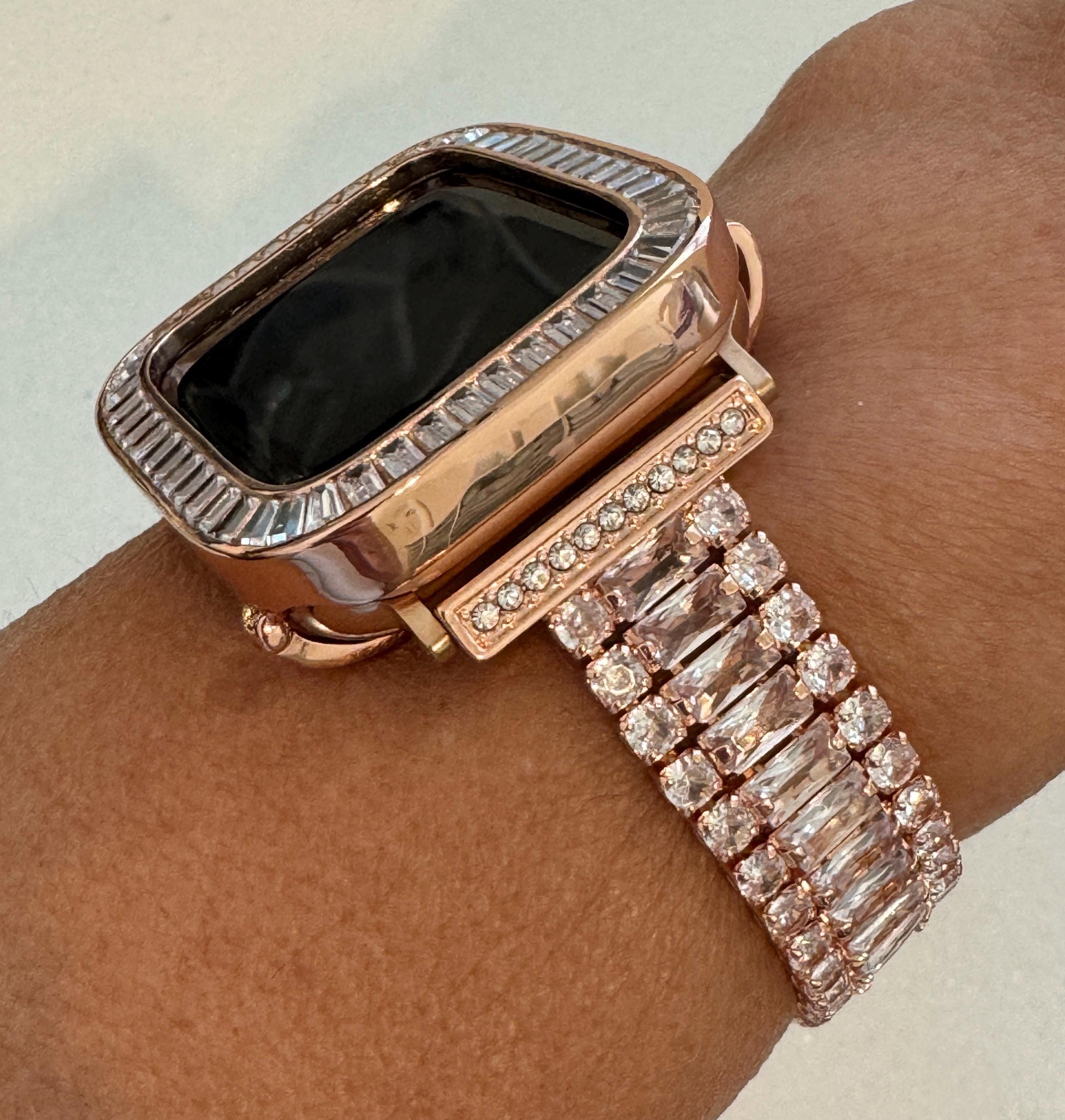 Rose Gold Apple Watch Band Womens Bracelet Baguette Swarovski Crystals & or Apple Watch Case Lab Diamond Bezel for Iphone Watch 38mm-45mm