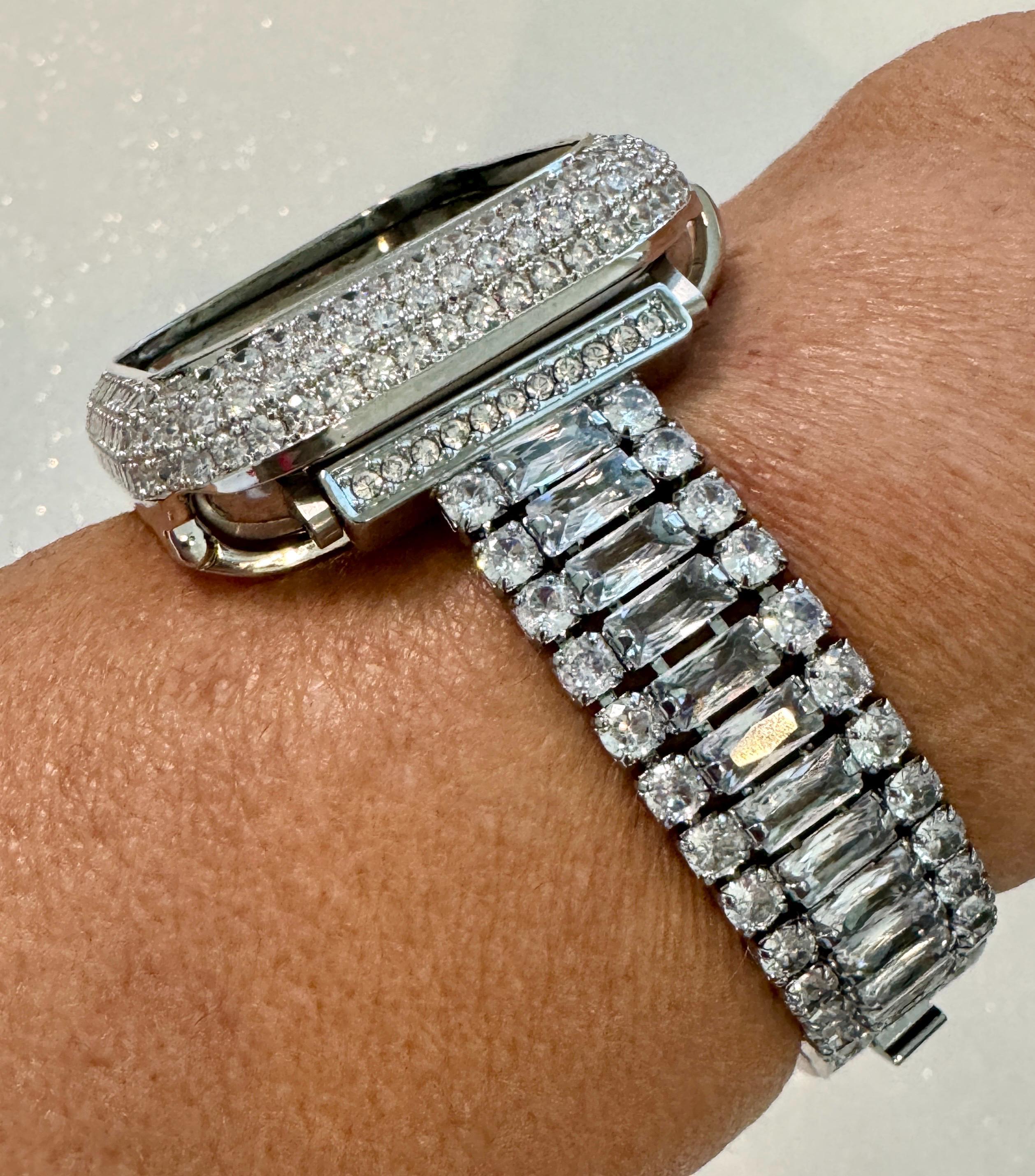 14k White Gold Plated Apple Watch Band Womens Silver Swarovski Crystals & or Apple Watch Case Lab Diamond Bezel Iphone Watch 38mm-49mm Ultra
