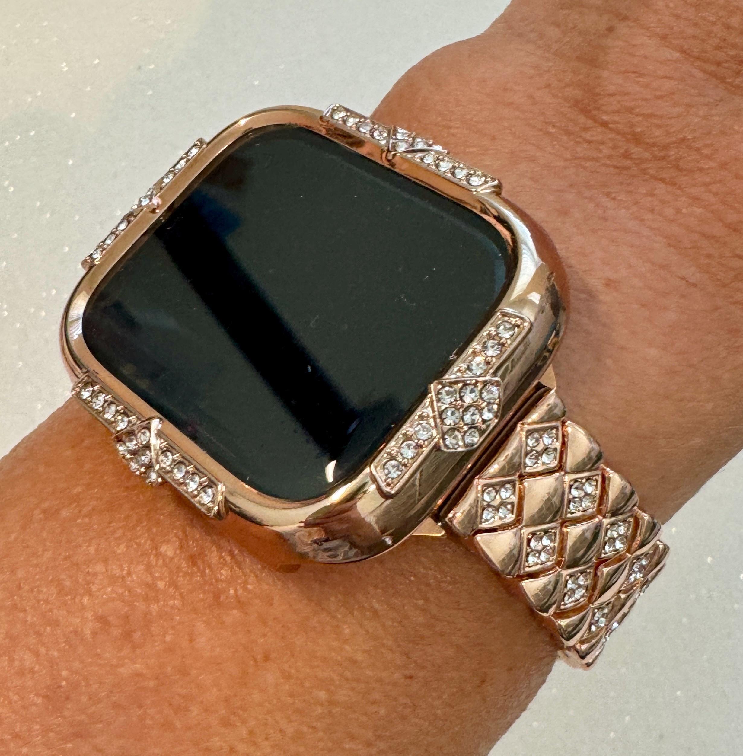 Rose Gold Apple Watch Band Womens Swarovski Crystal Bracelet 41mm 45mm Minimalist & or Apple Watch Case 14kgp Iphone Watch Cover 40mm 44mm