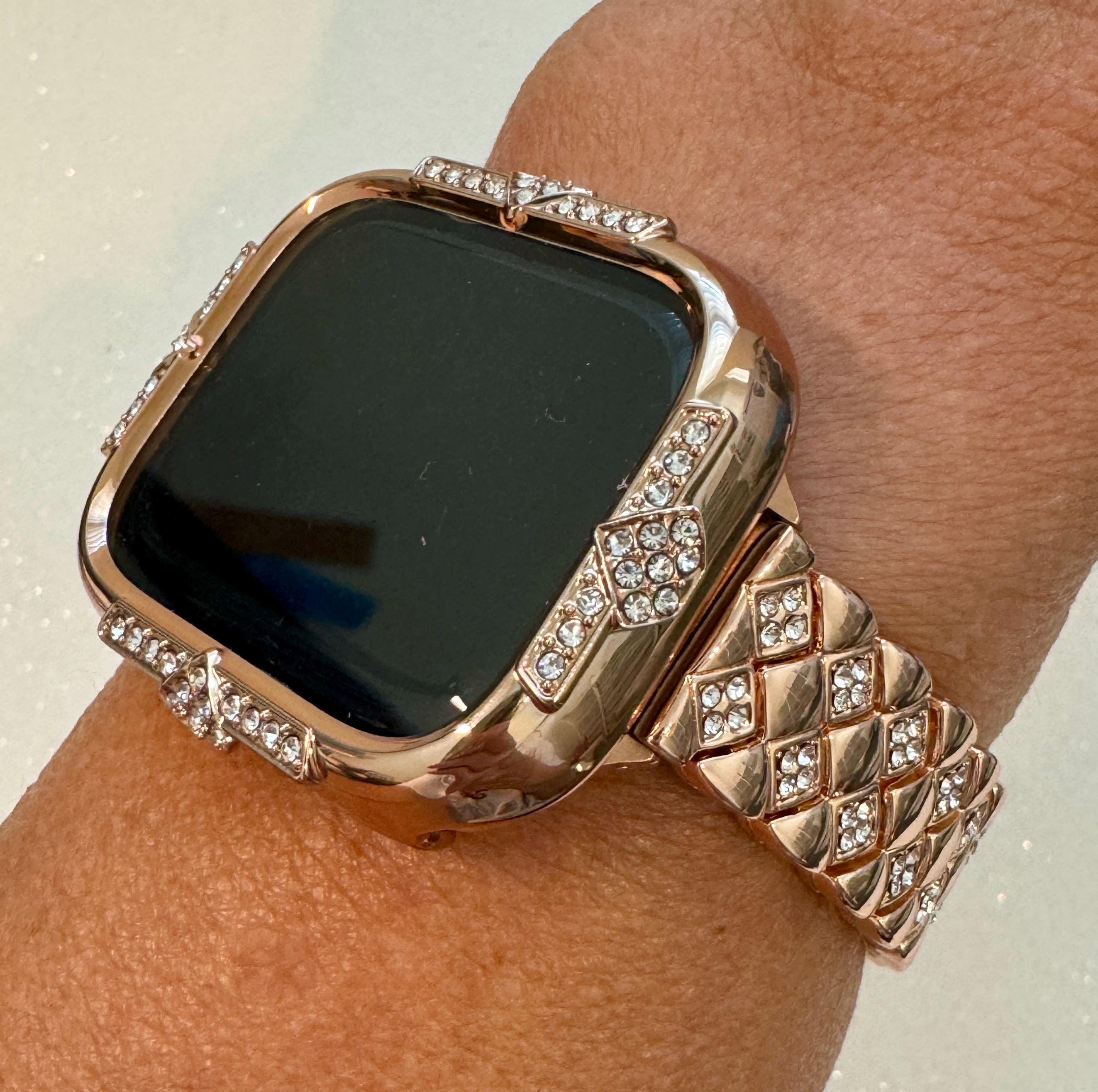 Rose Gold Apple Watch Band Womens Swarovski Crystal Bracelet 41mm 45mm Minimalist & or Apple Watch Case 14kgp Iphone Watch Cover 40mm 44mm