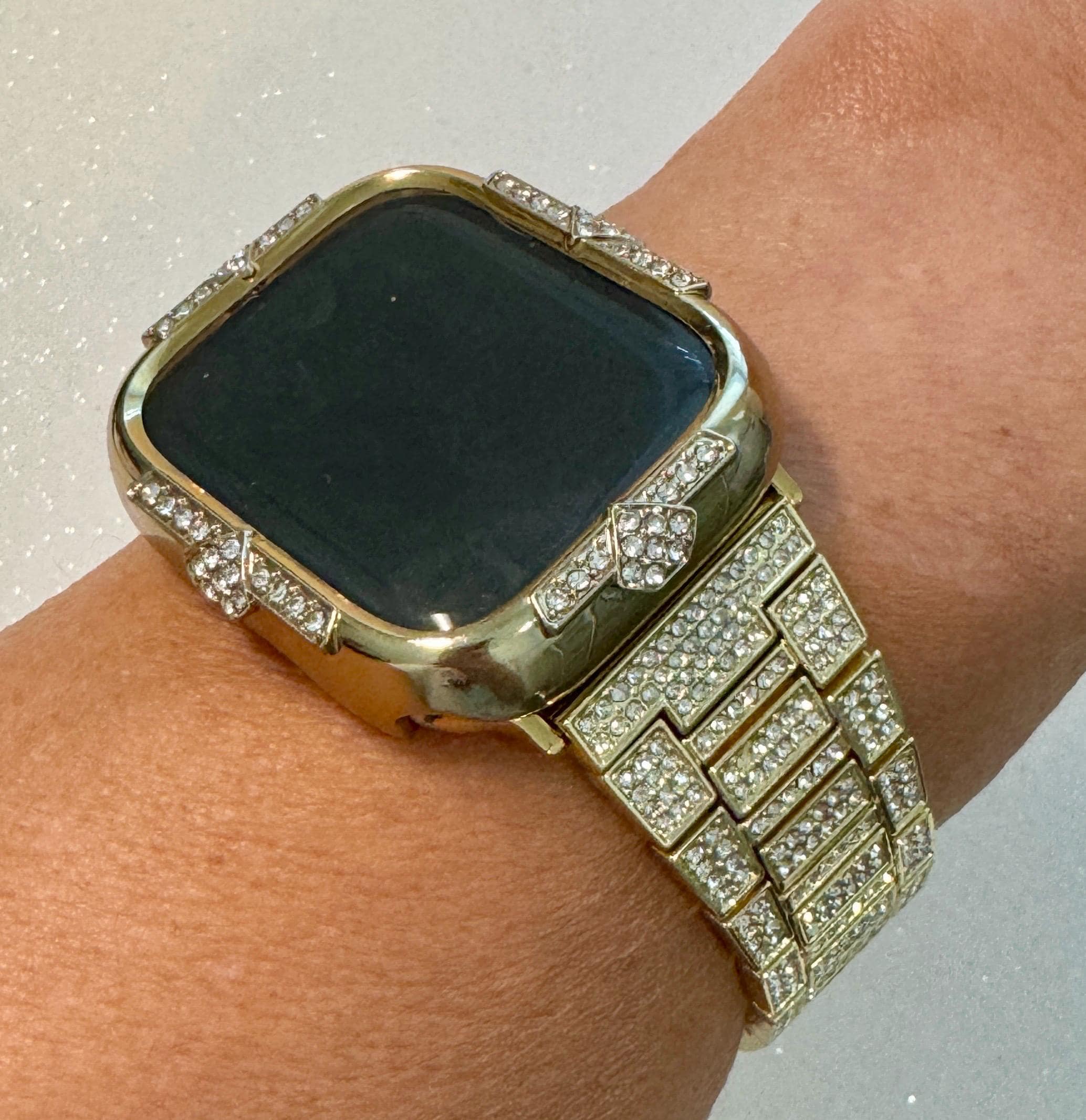 Gold Apple Watch Band Womens Bracelet 41mm 45mm Swarovski Crystals & or Apple Watch Case Crystal 40mm 44mm Cover Screen Protector Bling