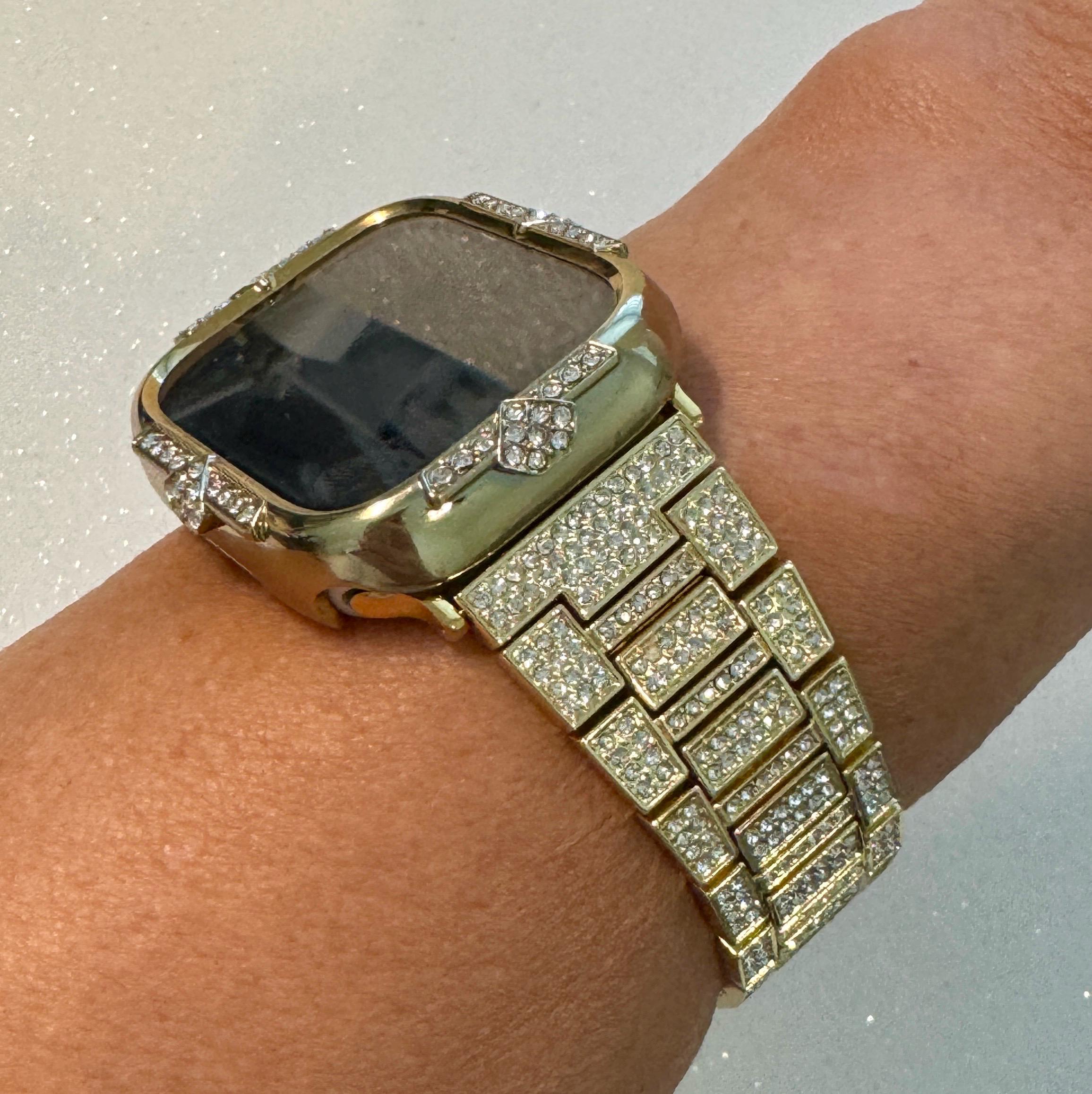 Gold Apple Watch Band Womens Bracelet 41mm 45mm Swarovski Crystals & or Apple Watch Case Crystal 40mm 44mm Cover Screen Protector Bling