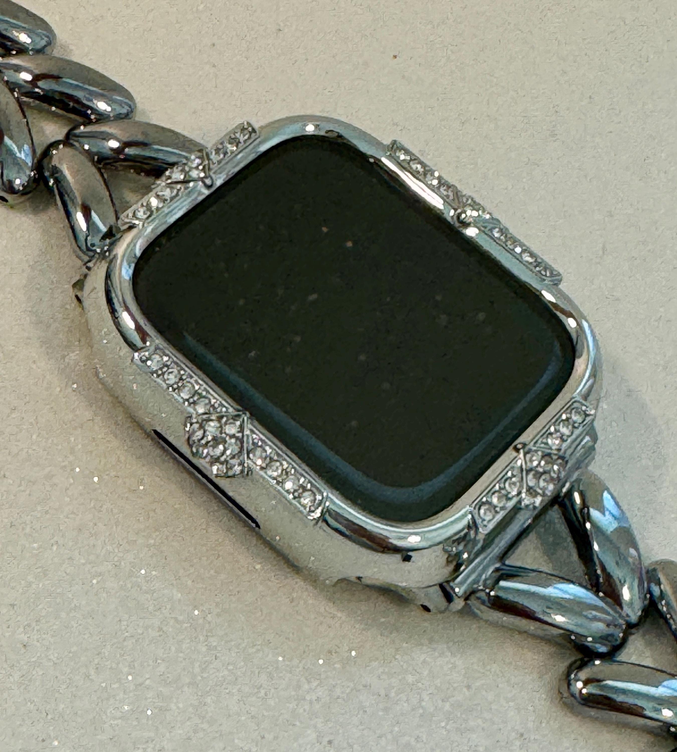 14K White Gold Plated Apple Watch Band Womens Bracelet Minimalist & or Apple Watch Case Swarovski Crystals Tempered Glass Screen Protector