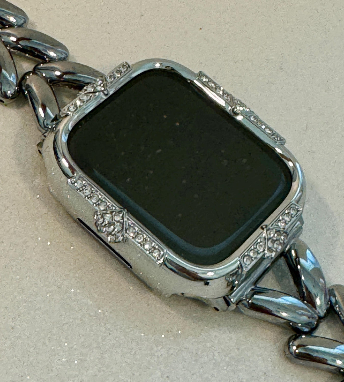 14K White Gold Plated Apple Watch Band Womens Bracelet Minimalist & or Apple Watch Case Swarovski Crystals Tempered Glass Screen Protector