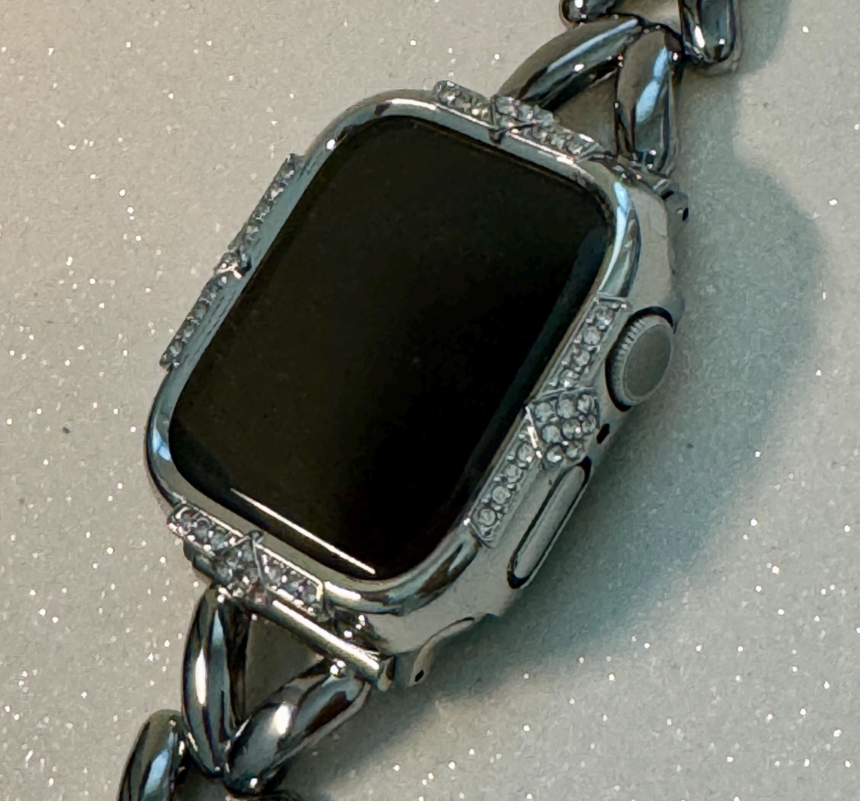 14K White Gold Plated Apple Watch Band Womens Bracelet Minimalist & or Apple Watch Case Swarovski Crystals Tempered Glass Screen Protector