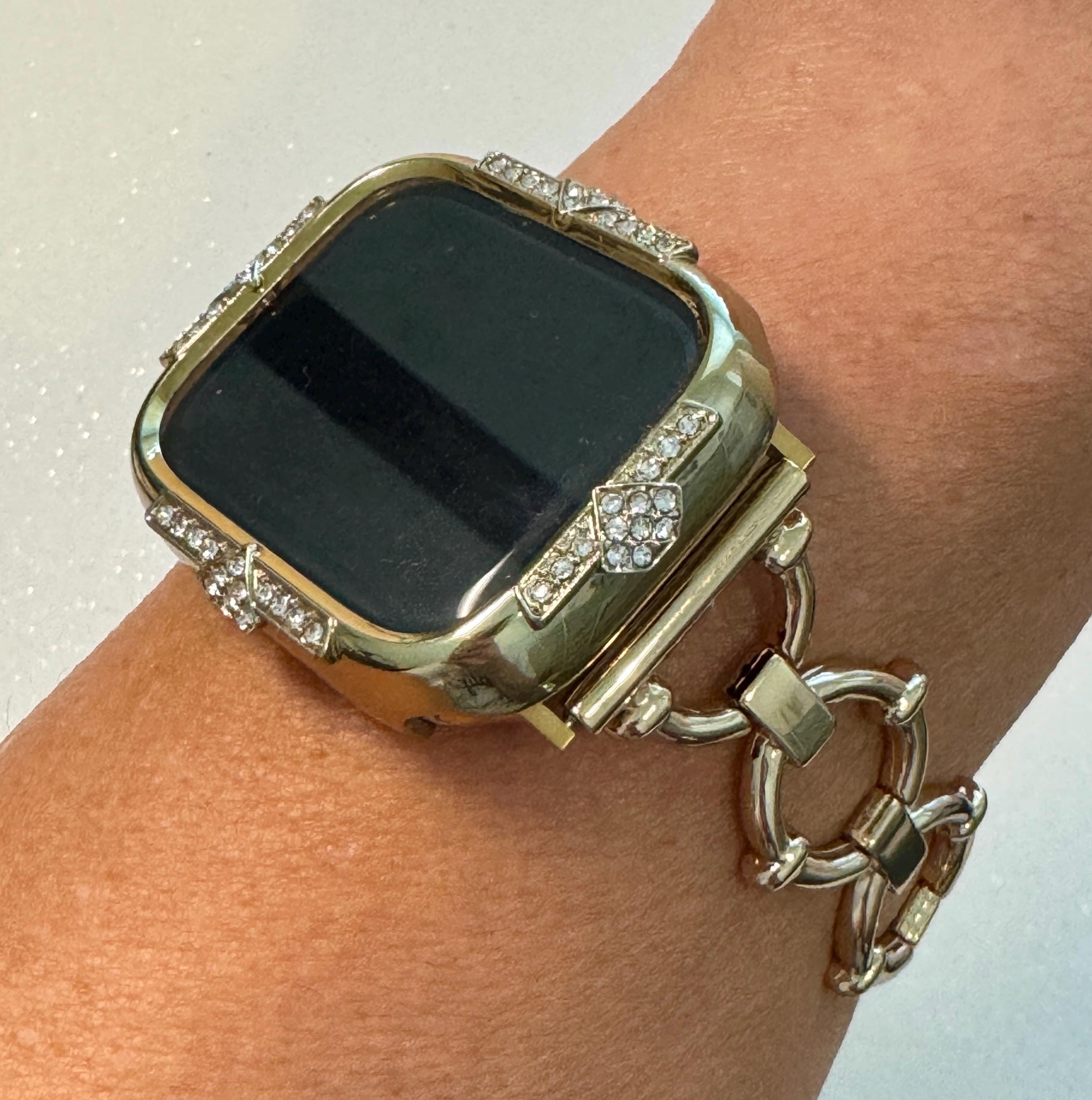 Minimalist 14K Gold Apple Watch Band Womens Bracelet 41mm 45mm & or Apple Watch Case Swarovski Crystals 40mm 44mm Screen Protector Bling