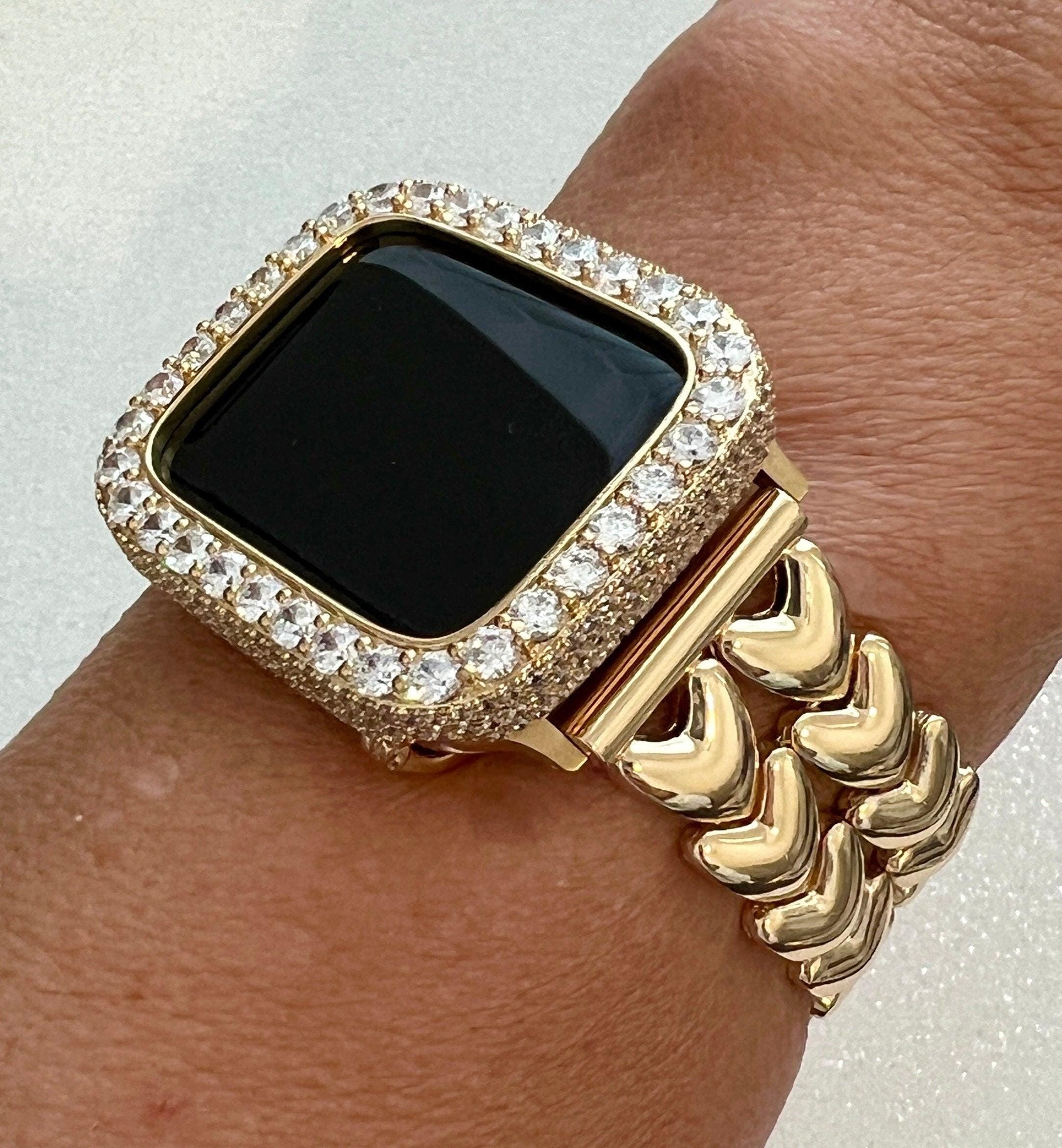 Gold Apple Watch Band Double Row Hearts Bracelet, Iphone Watch Band, Iwatch band & or Apple Watch Case 3.5mm Lab Diamond Bezel Cover Gift