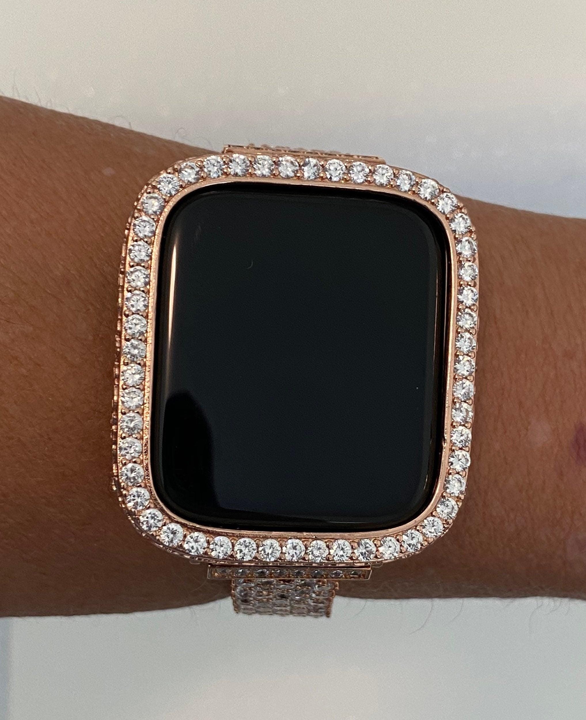 Designer Rose Gold Apple Watch Cover Set with Lab Diamonds, Apple Watch Case Bumper 38mm 40mm 41mm 42mm 44mm 45mm 49mm Ultra