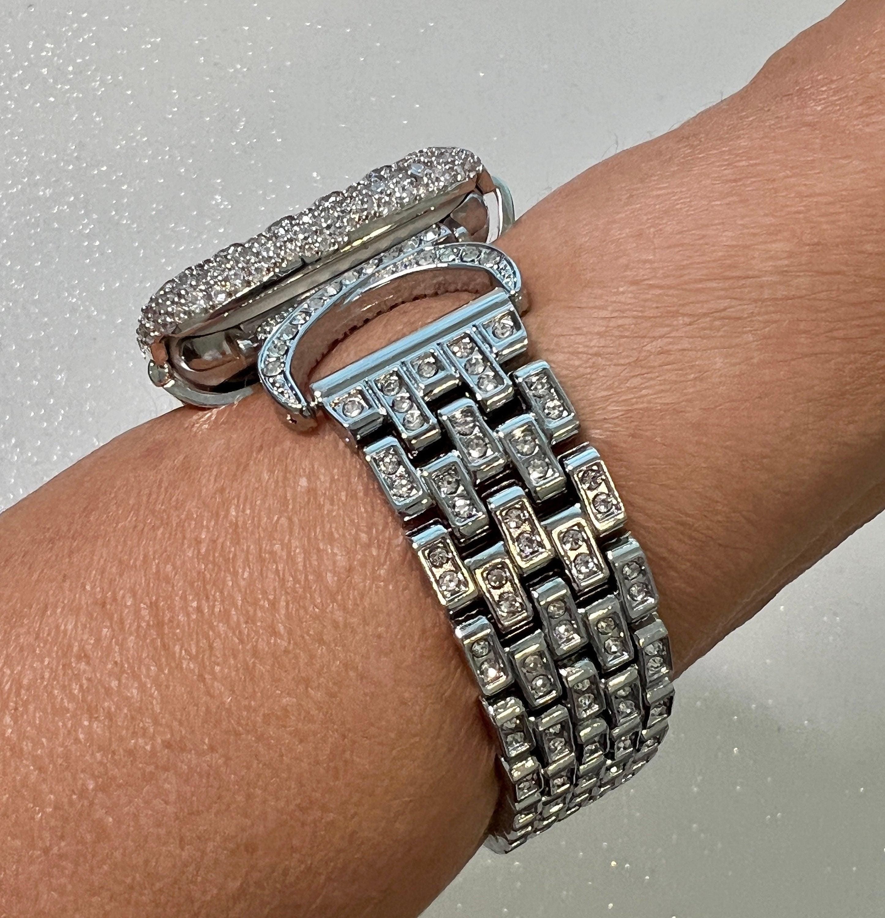 Womens Apple Watch Band Silver 38 40 41 42 44 45 49mm Ultra Swarovski Crystal & or Apple Watch Case Lab Diamond Bezel Iwatch Candy Bling