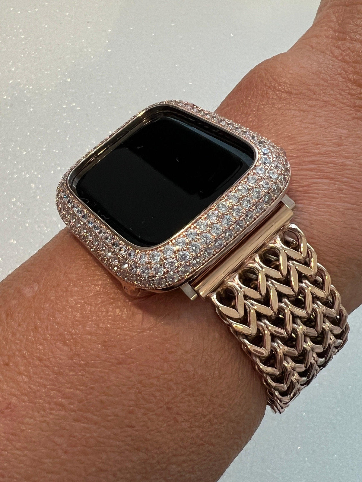 Apple Watch Band Womens Rose Gold Stainless Steel Herringbone & or Apple Watch Cover with Lab Created Diamonds fits sizes 38mm-49mm Ultra Series 2-9 SE.