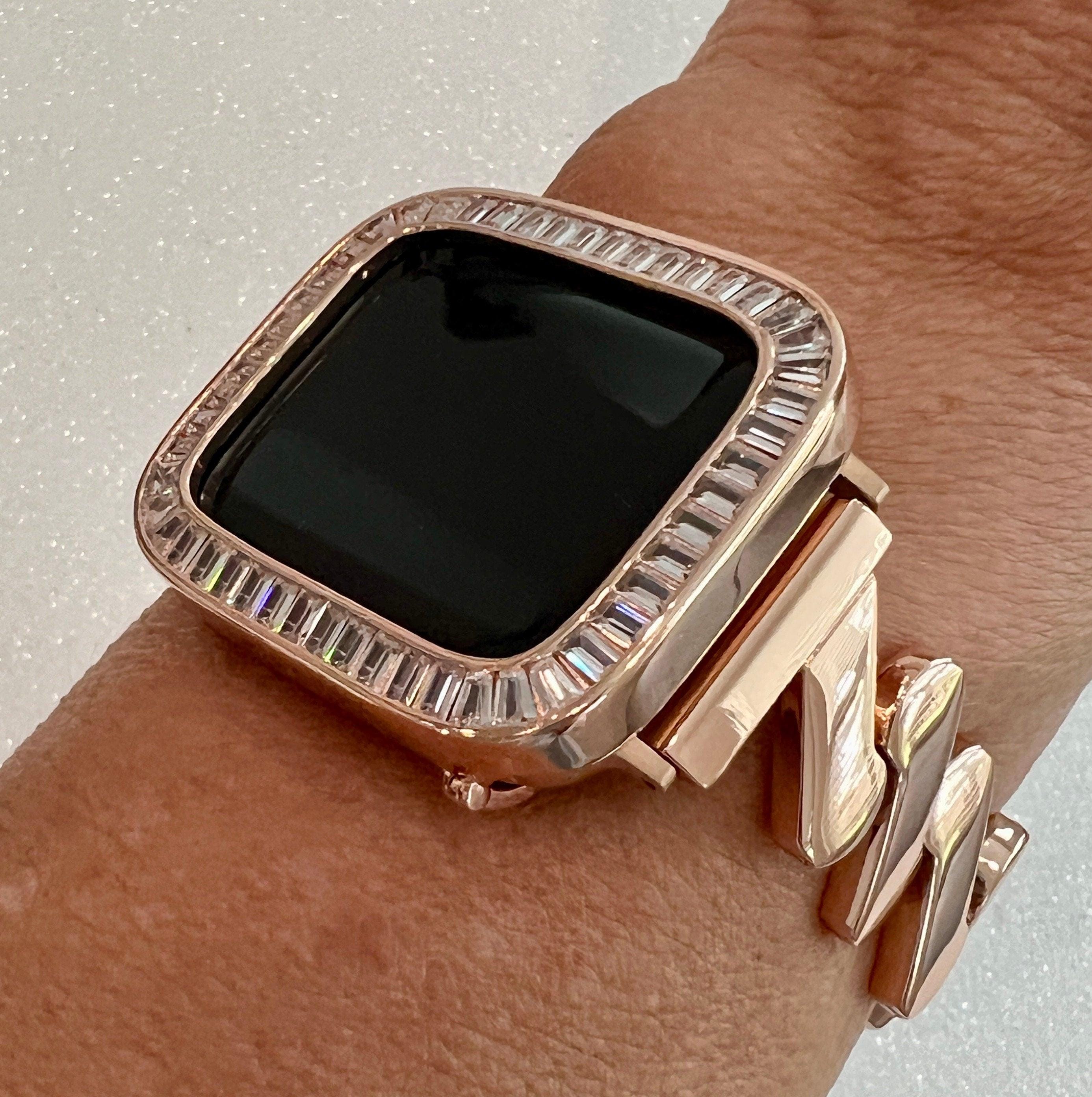 Luxury Apple Watch Band Women Rose Gold 38mm-45mm, Iwatch Phone band Bracelet & or Apple Watch Case Baguette Lab Diamond Bezel Minimalist