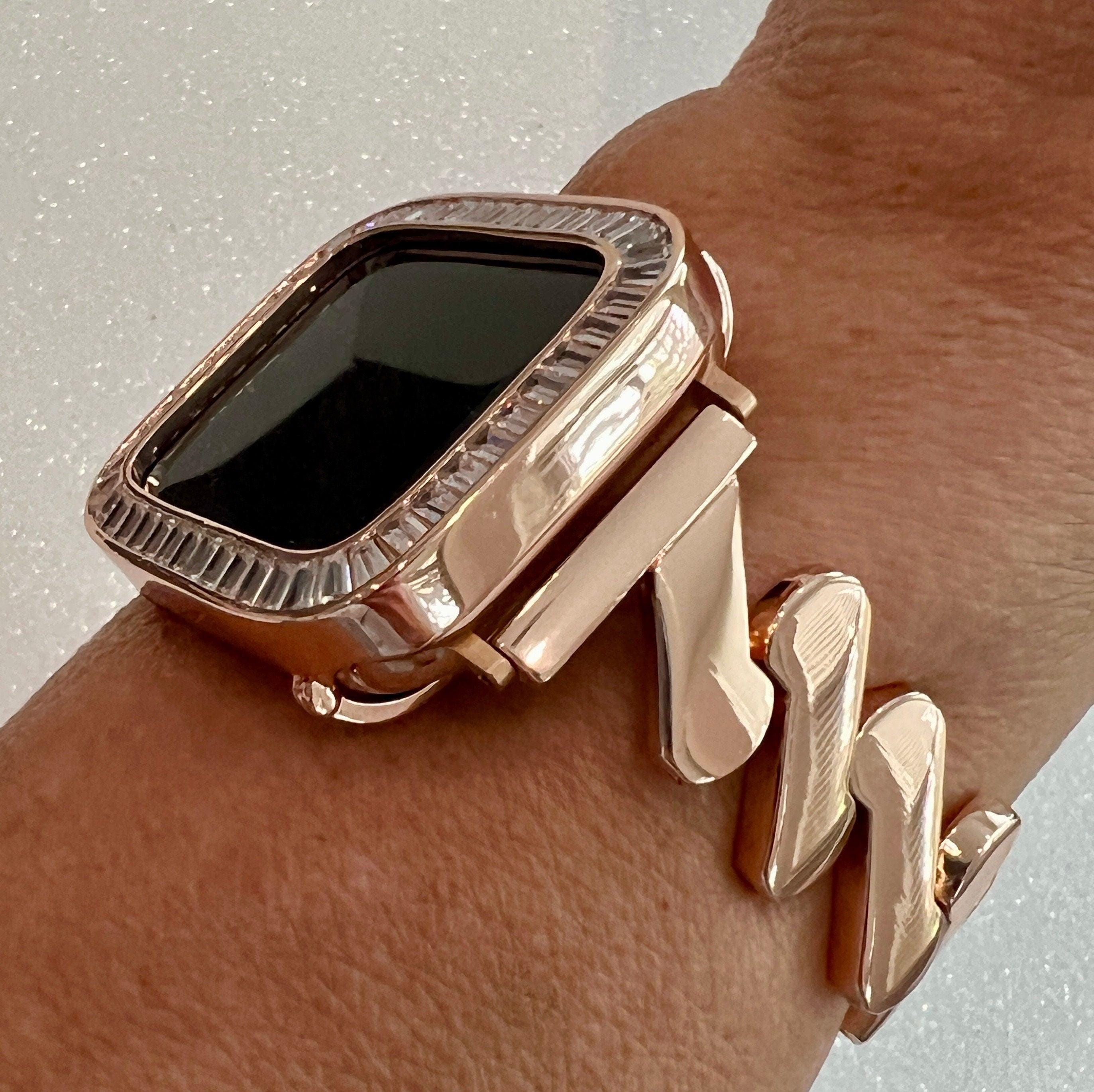 Luxury Apple Watch Band Women Rose Gold 38mm-45mm, Iwatch Phone band Bracelet & or Apple Watch Case Baguette Lab Diamond Bezel Minimalist