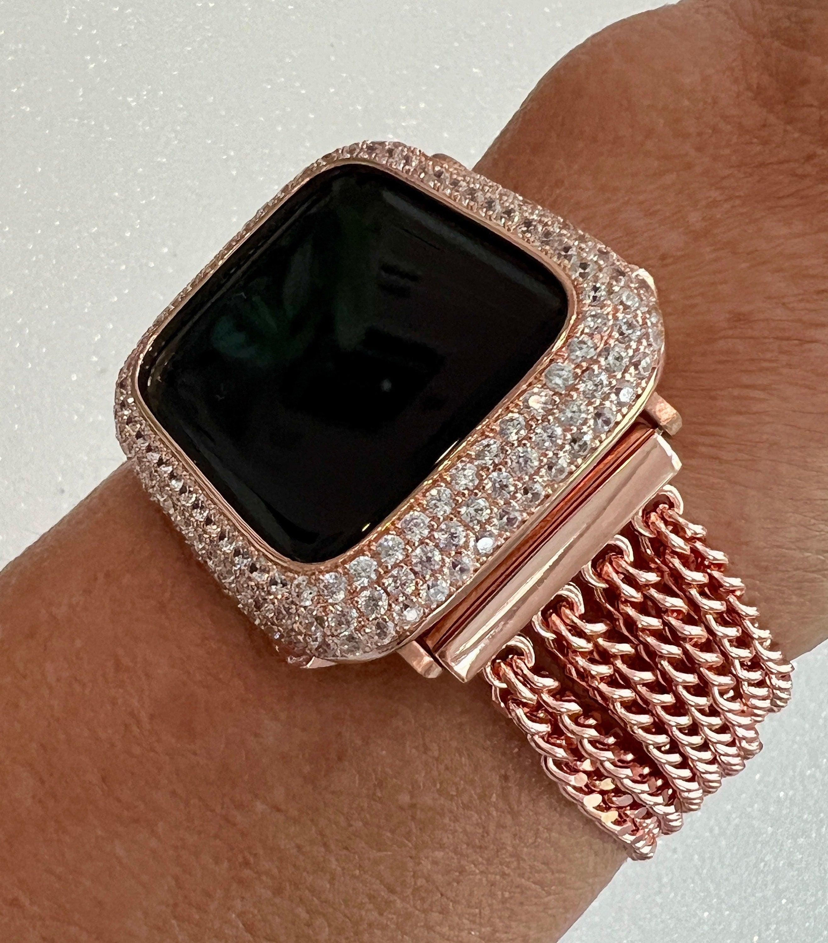 Rose Gold Apple Watch Band Women Chain Link 38mm-49mm Ultra, Iwatch Phone band & or Apple Watch Case Lab Diamond Bezel Cover Minimalist