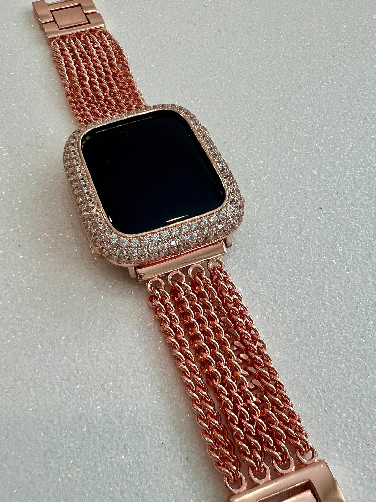 Rose Gold Apple Watch Band Women Chain Link 38mm-49mm Ultra, Iwatch Phone band & or Apple Watch Case Lab Diamond Bezel Cover Minimalist