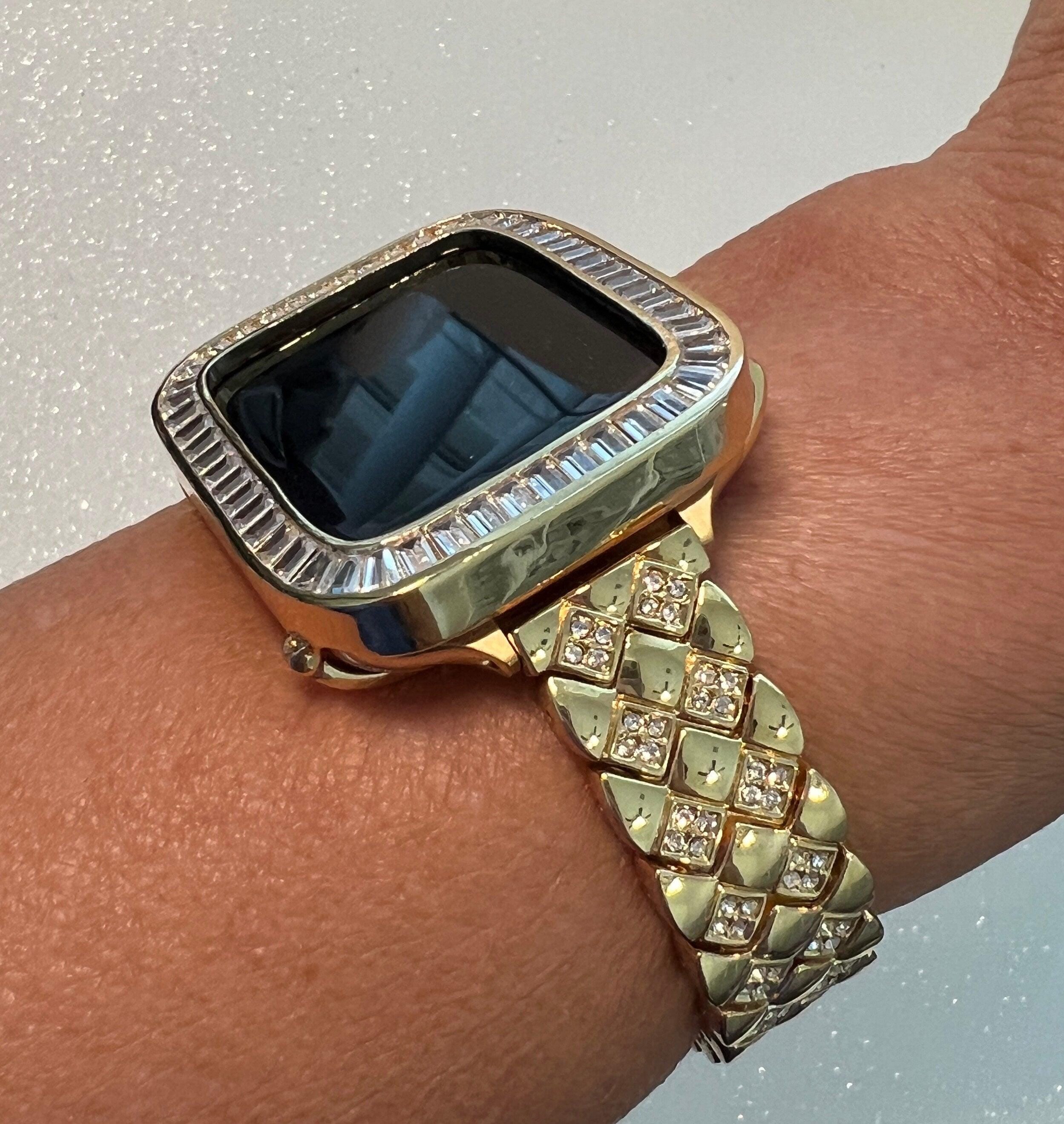 Yellow Gold Apple Watch Band Womens Crystal Bracelet & or Apple Watch Case Baguette Lab Diamond Bumper Cover Iwatch Candy Bling