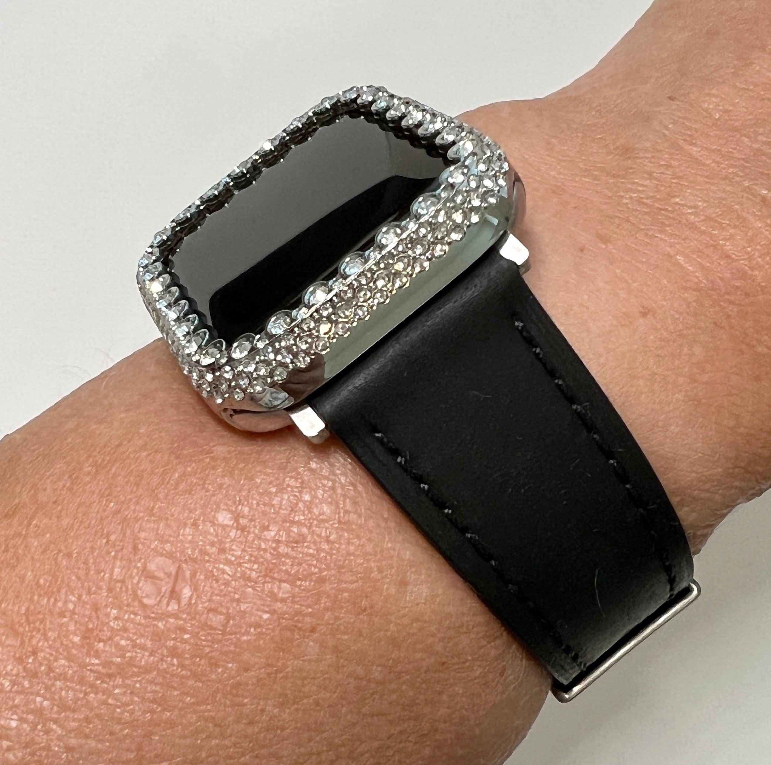 Apple Watch Band Womens Black Leather & or Apple Watch Case Swarovski Crystals Apple Watch Cover Iwatch Watch Candy Bling 38mm-45mm Series 9