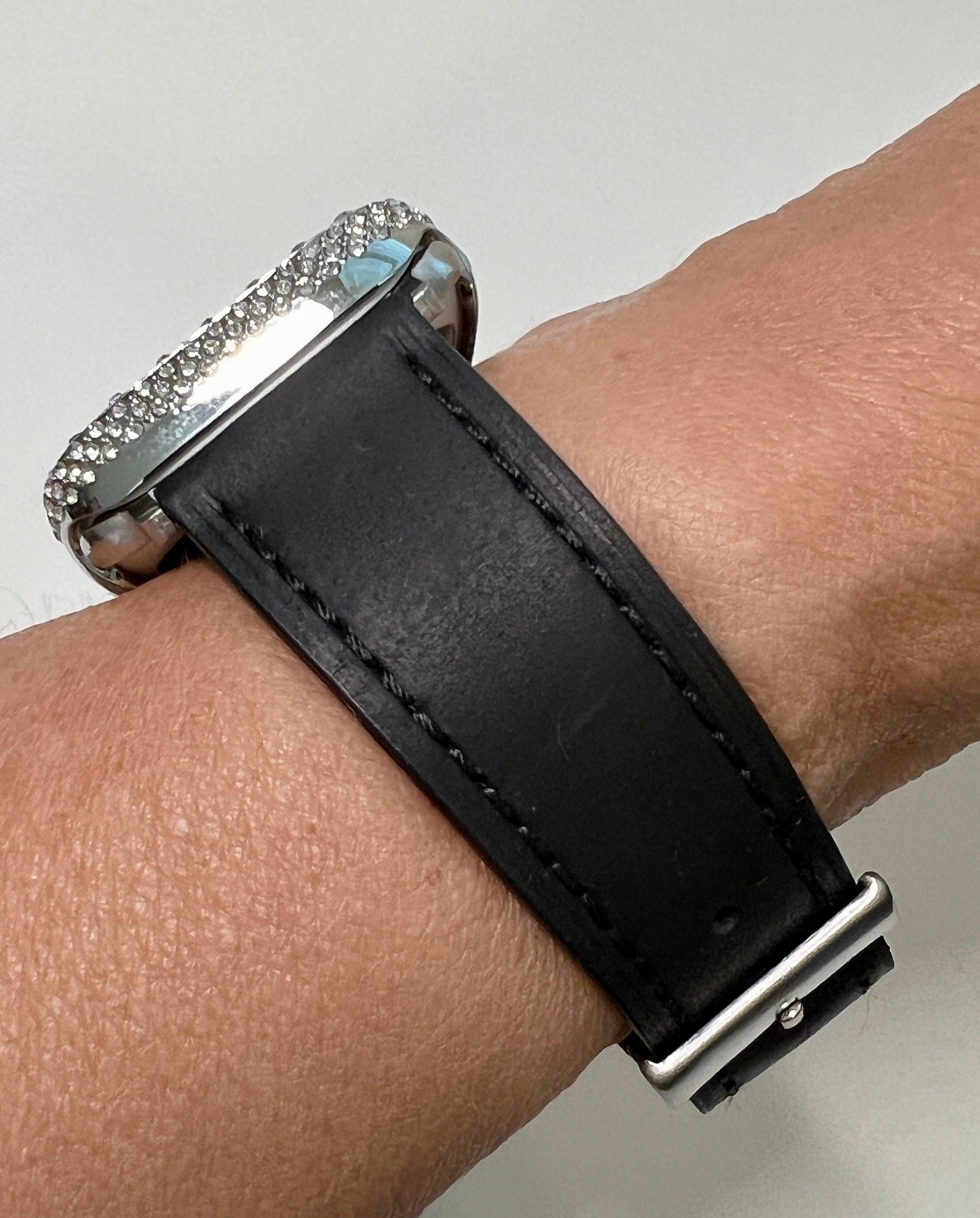 Apple Watch Band Womens Black Leather & or Apple Watch Case Swarovski Crystals Apple Watch Cover Iwatch Watch Candy Bling 38mm-45mm Series 9