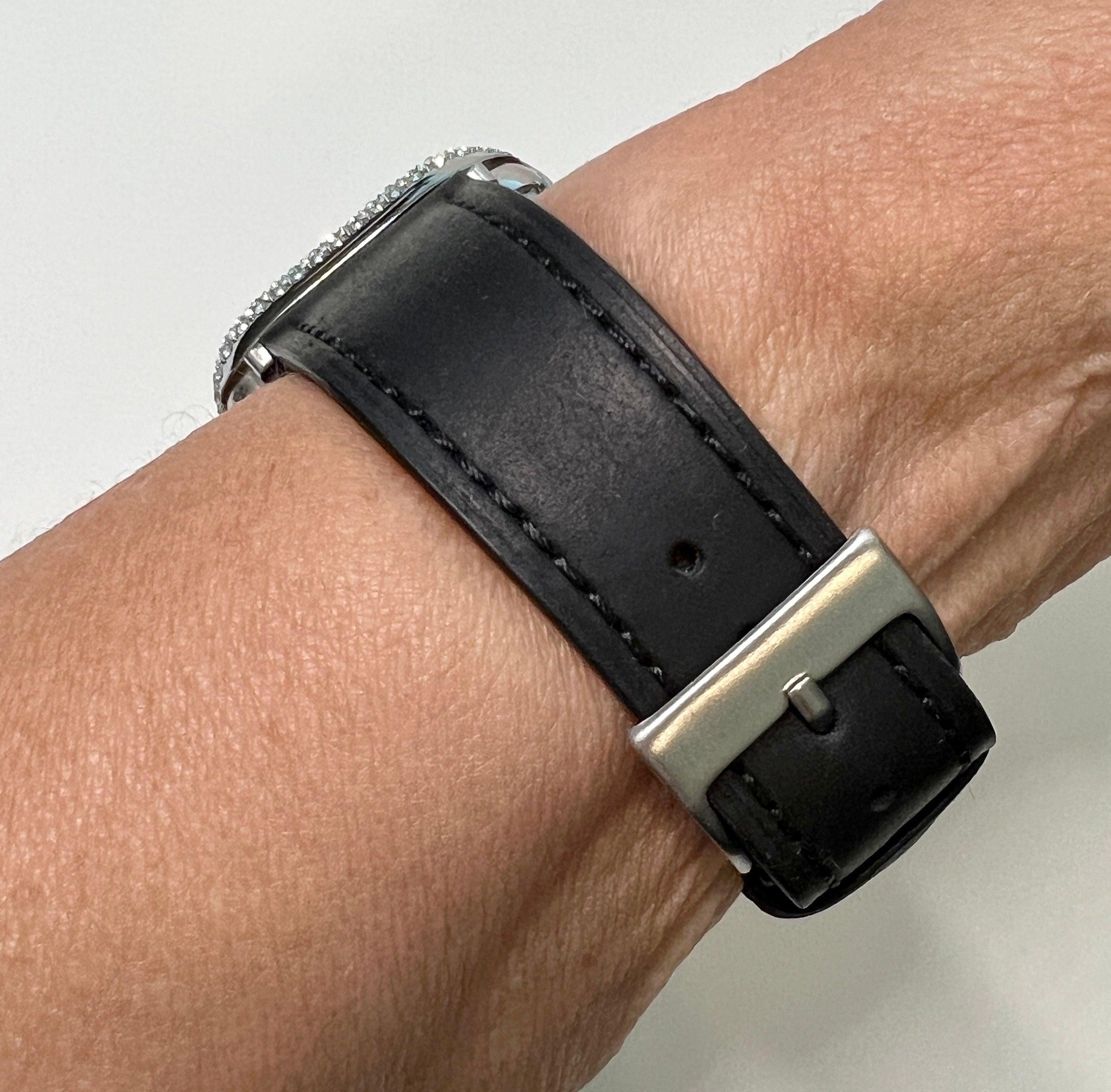 Apple Watch Band Womens Black Leather & or Apple Watch Case Swarovski Crystals Apple Watch Cover Iwatch Watch Candy Bling 38mm-45mm Series 9