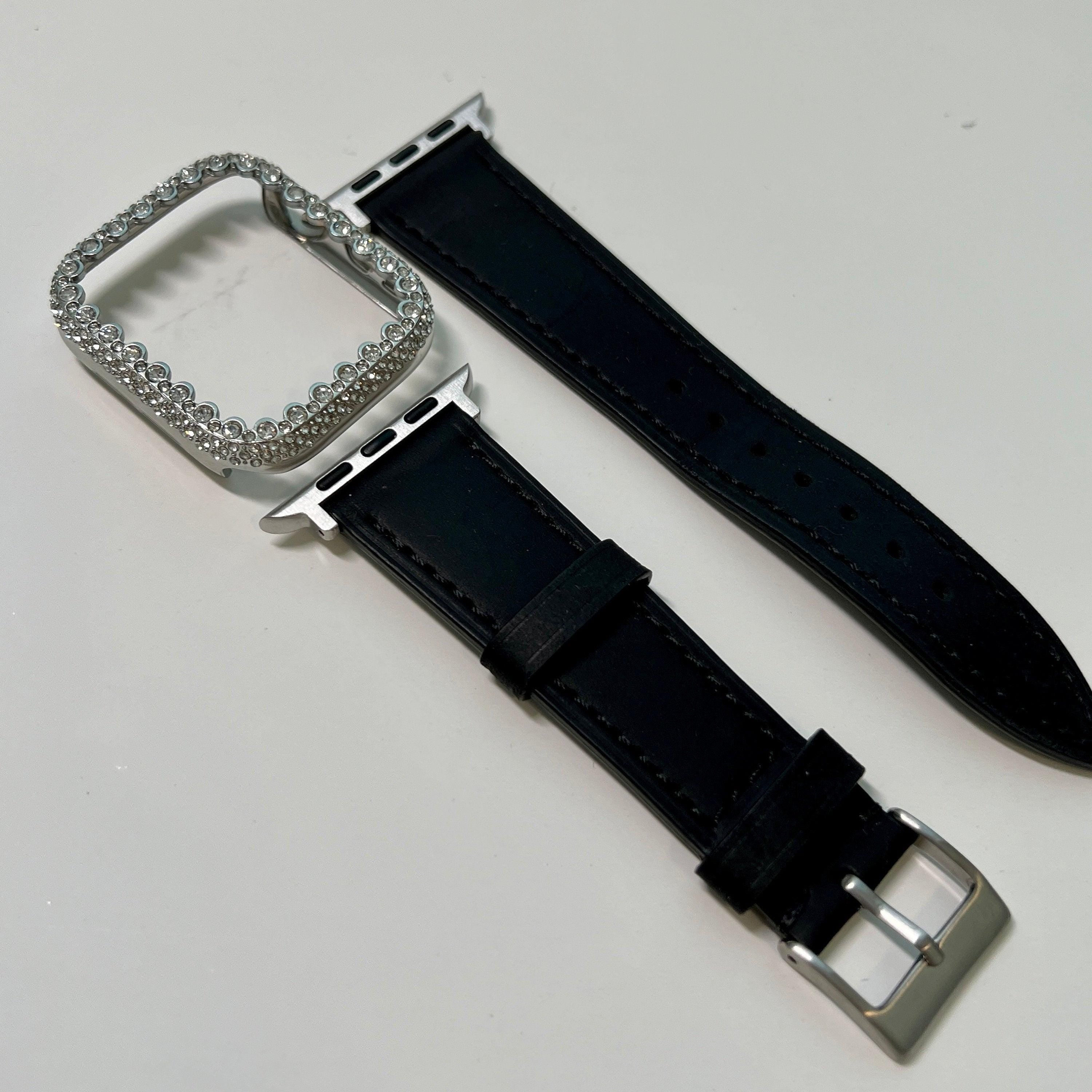Apple Watch Band Womens Black Leather & or Apple Watch Case Swarovski Crystals Apple Watch Cover Iwatch Watch Candy Bling 38mm-45mm Series 9