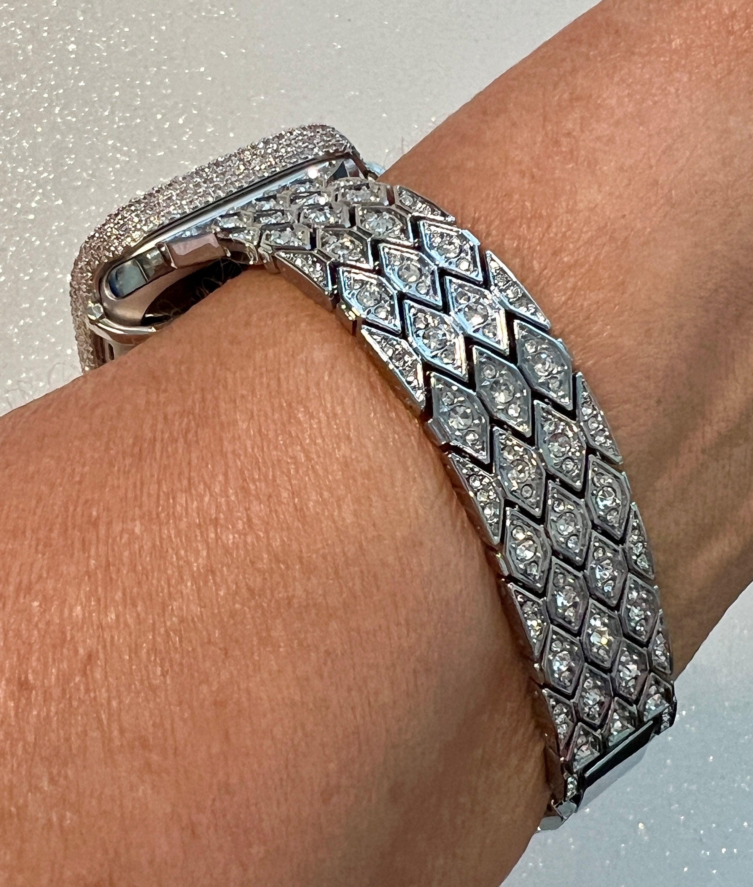 Pave Apple Watch Band Silver Swarovski Crystals 38mm-49mm Ultra & or Apple Watch Cover Lab Diamond Bezel Apple Watch Case Iphone Watch