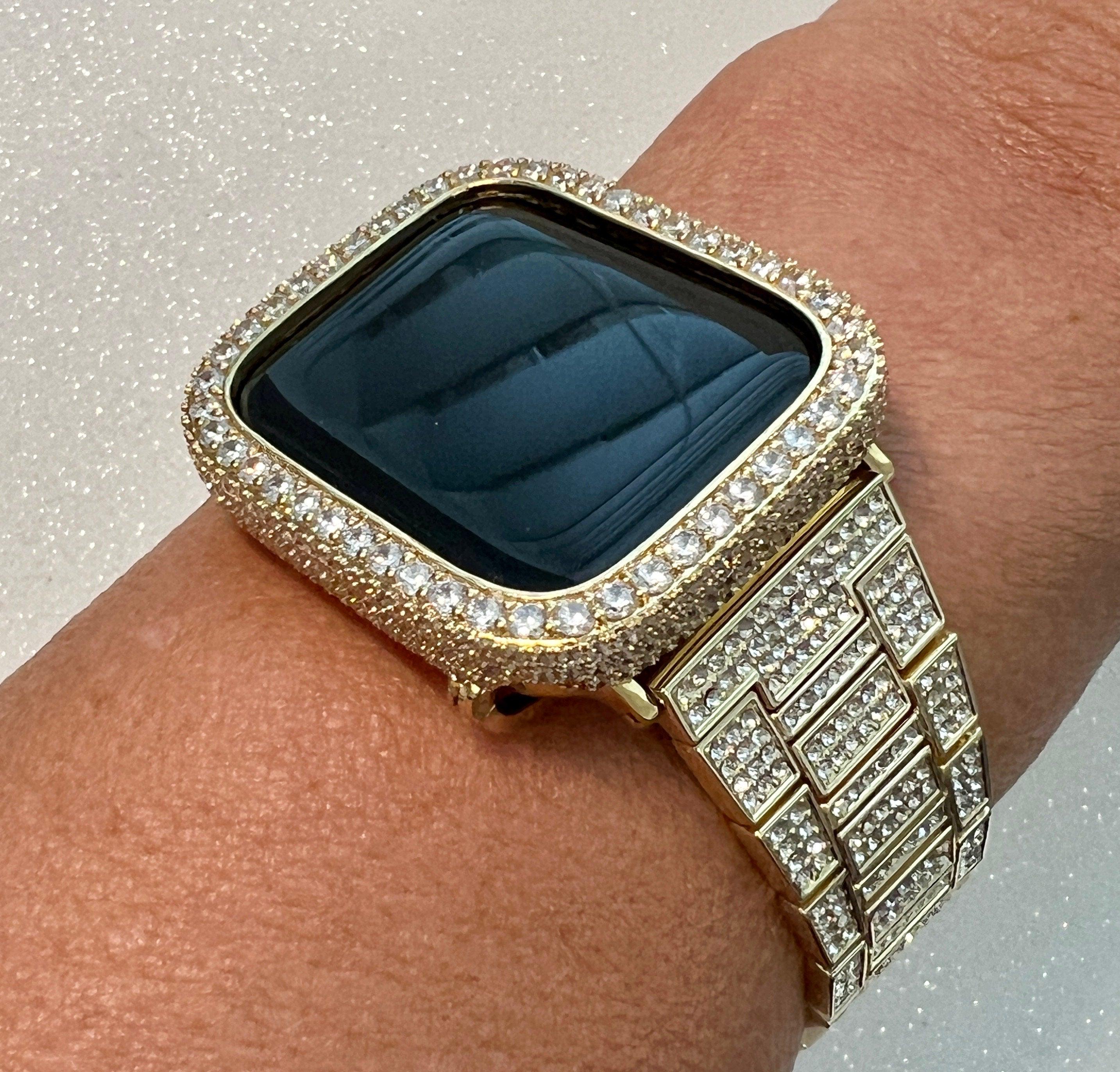 Bling Apple Watch Band Gold Crystals 38mm-49mm Ultra & or Apple Watch Cover Lab Diamond Bezel Smartwatch Bumper Case Iwatch Candy