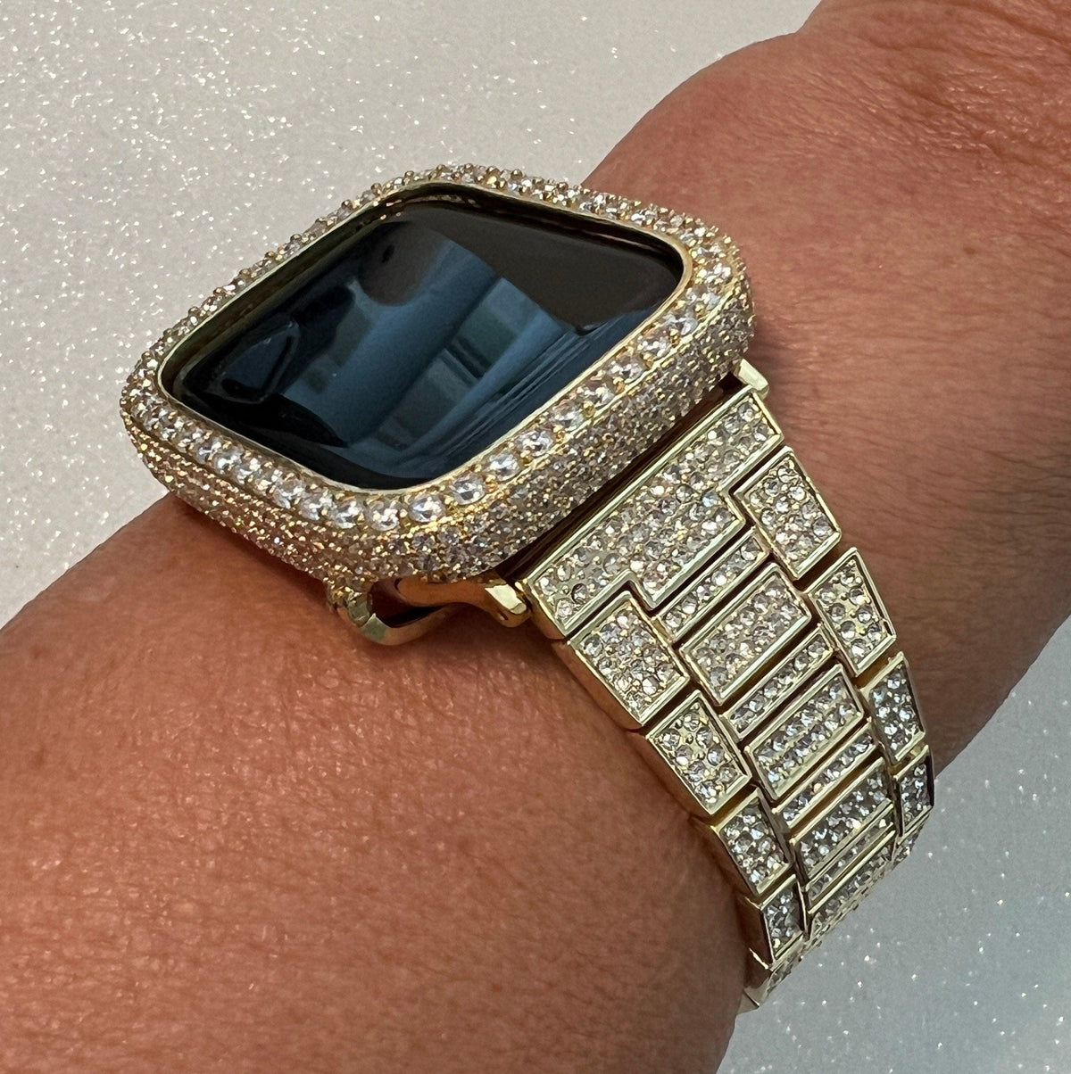 Bling Apple Watch Band Gold Crystals 38mm-49mm Ultra & or Apple Watch Cover Lab Diamond Bezel Smartwatch Bumper Case Iwatch Candy