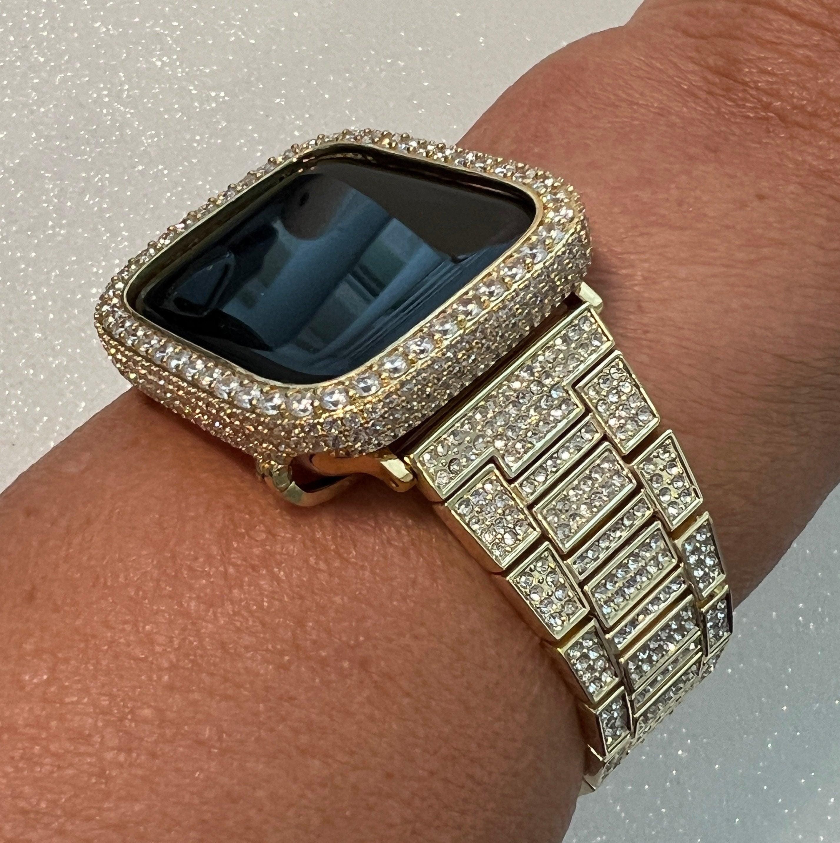 Bling Apple Watch Band Gold Crystals 38mm-49mm Ultra & or Apple Watch Cover Lab Diamond Bezel Smartwatch Bumper Case Iwatch Candy