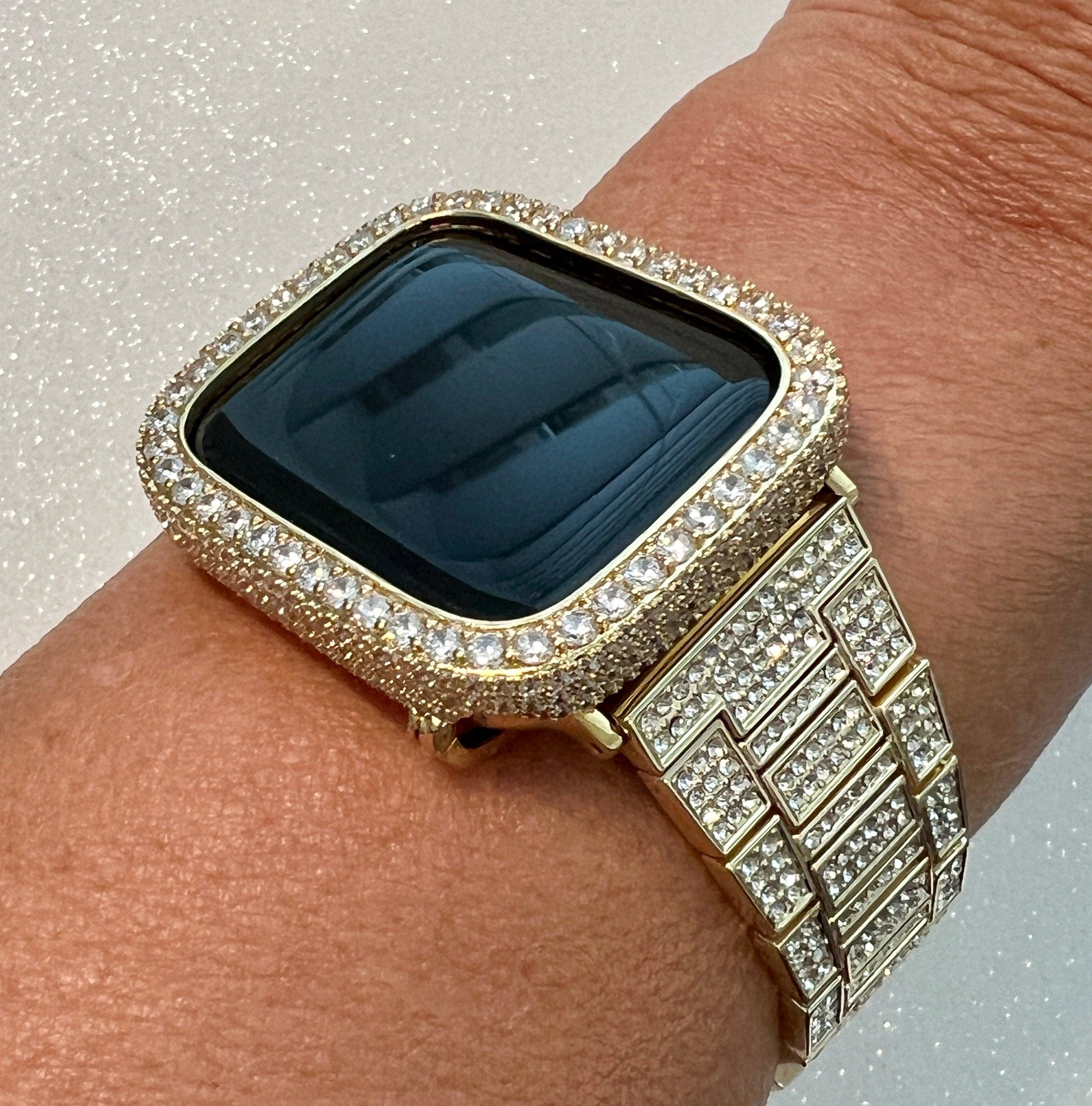 Bling Apple Watch Band Gold Crystals 38mm-49mm Ultra & or Apple Watch Cover Lab Diamond Bezel Smartwatch Bumper Case Iwatch Candy