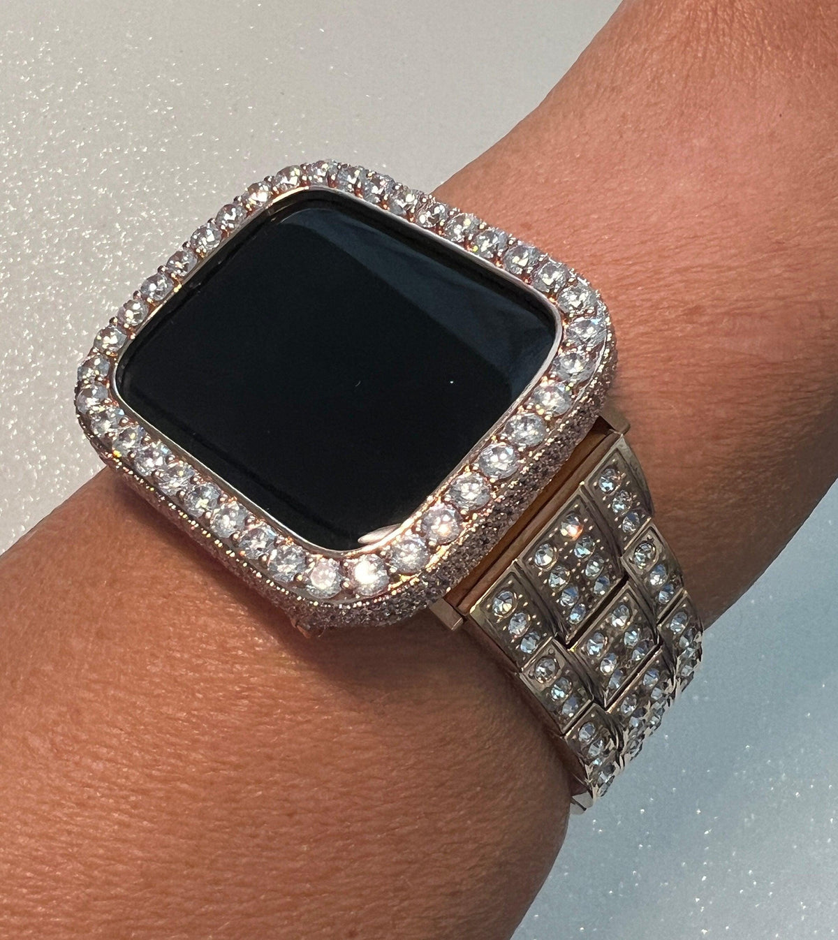 Luxury Apple Watch Band in Stainless Steel Rose Gold with large Swarovski Crystals and or Apple Watch Cover with large 3.5mm Lab Diamonds set in 14K gold plating. Protective Bumper from Iwatch Candy
