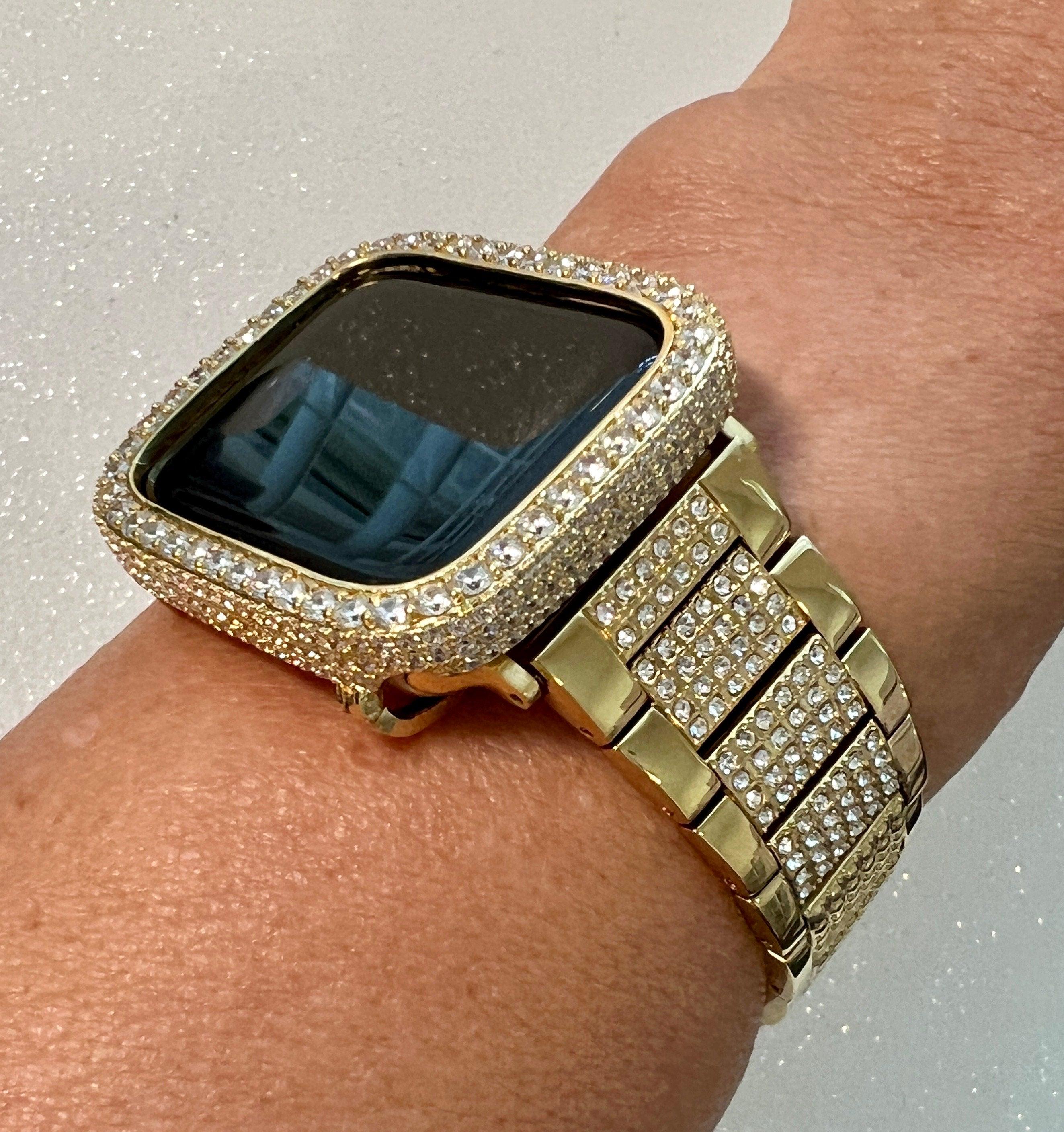 Mens Apple Watch Band Womens Gold 41mm 45mm 49mm Ultra & or Apple Watch Case Lab Diamond Bezel Iwatch Cover for Apple Watch Face 38mm-49mm