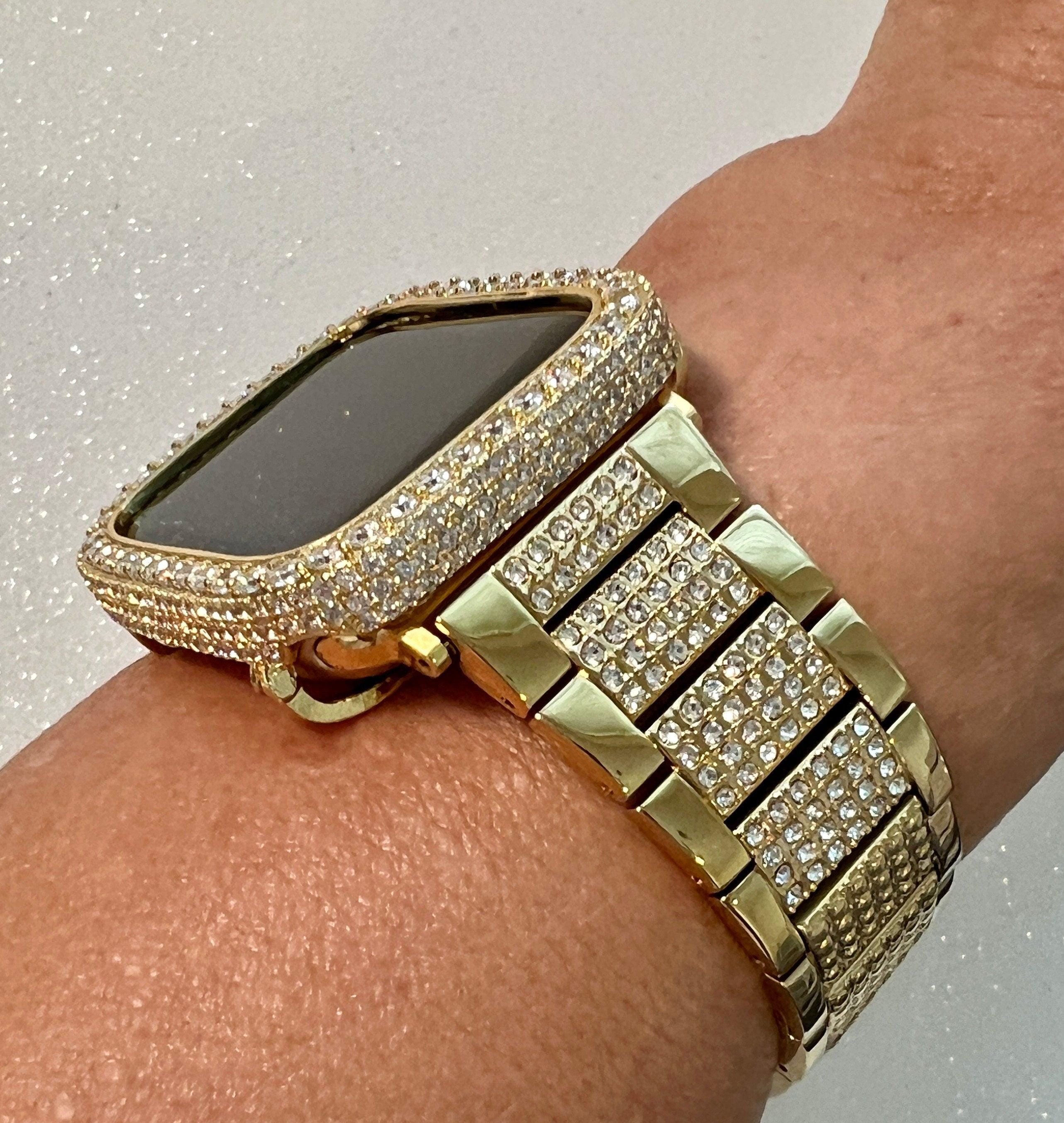 Mens Apple Watch Band Womens Gold 41mm 45mm 49mm Ultra & or Apple Watch Case Lab Diamond Bezel Iwatch Cover for Apple Watch Face 38mm-49mm