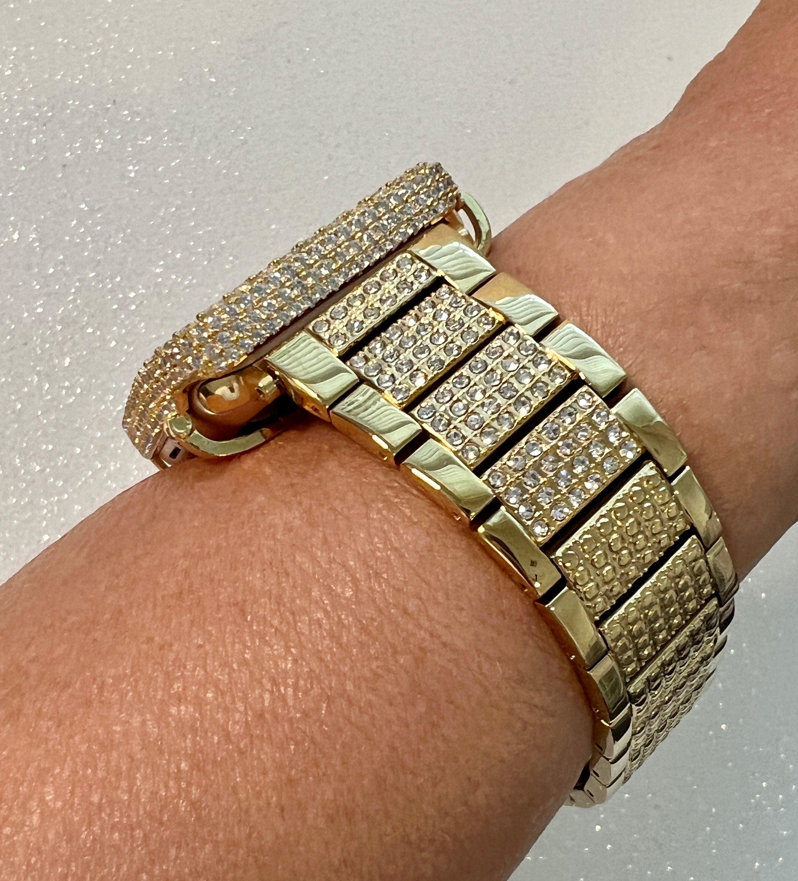 Mens Apple Watch Band Womens Gold 41mm 45mm 49mm Ultra & or Apple Watch Case Lab Diamond Bezel Iwatch Cover for Apple Watch Face 38mm-49mm