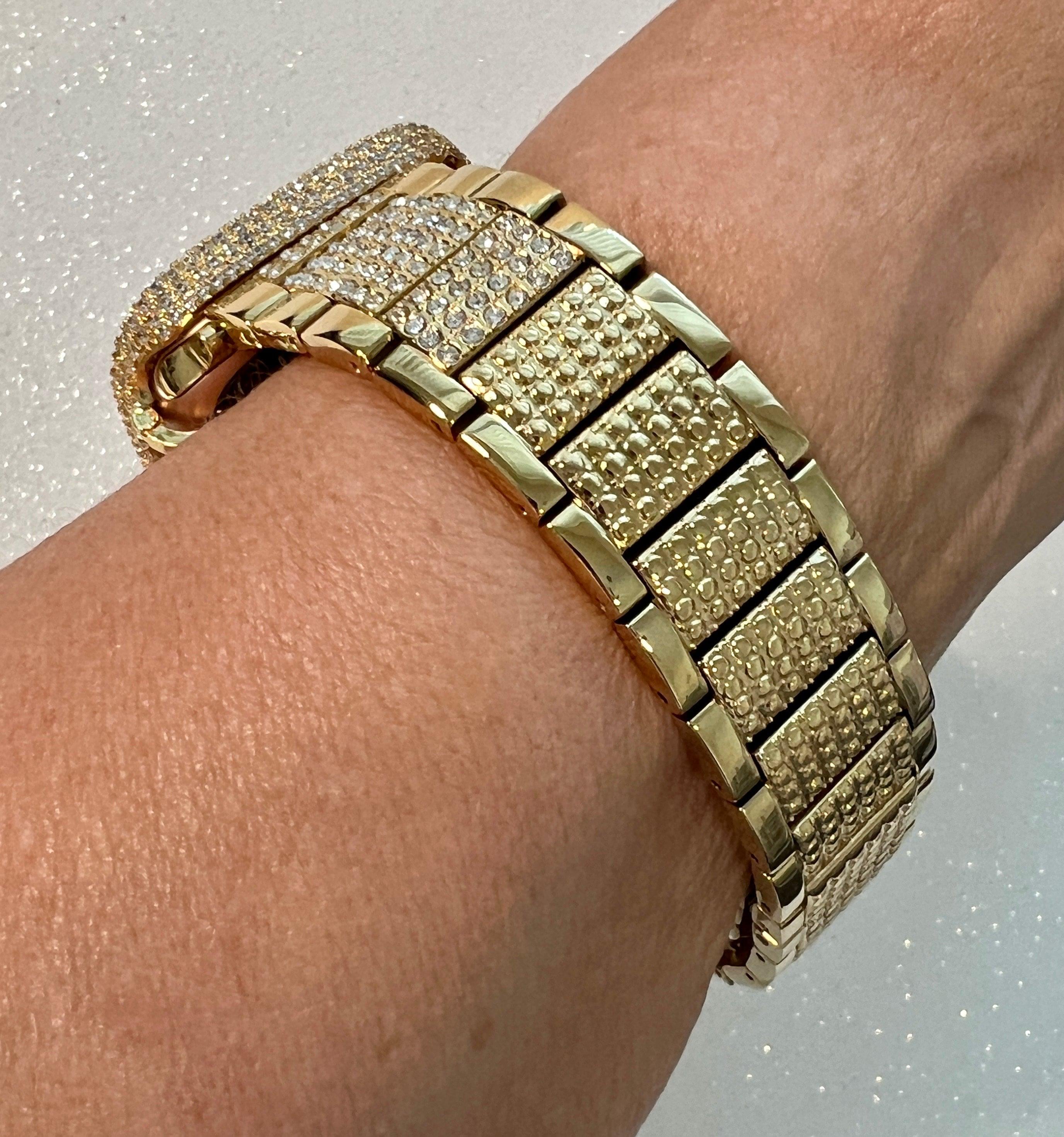 Mens Apple Watch Band Womens Gold 41mm 45mm 49mm Ultra & or Apple Watch Case Lab Diamond Bezel Iwatch Cover for Apple Watch Face 38mm-49mm