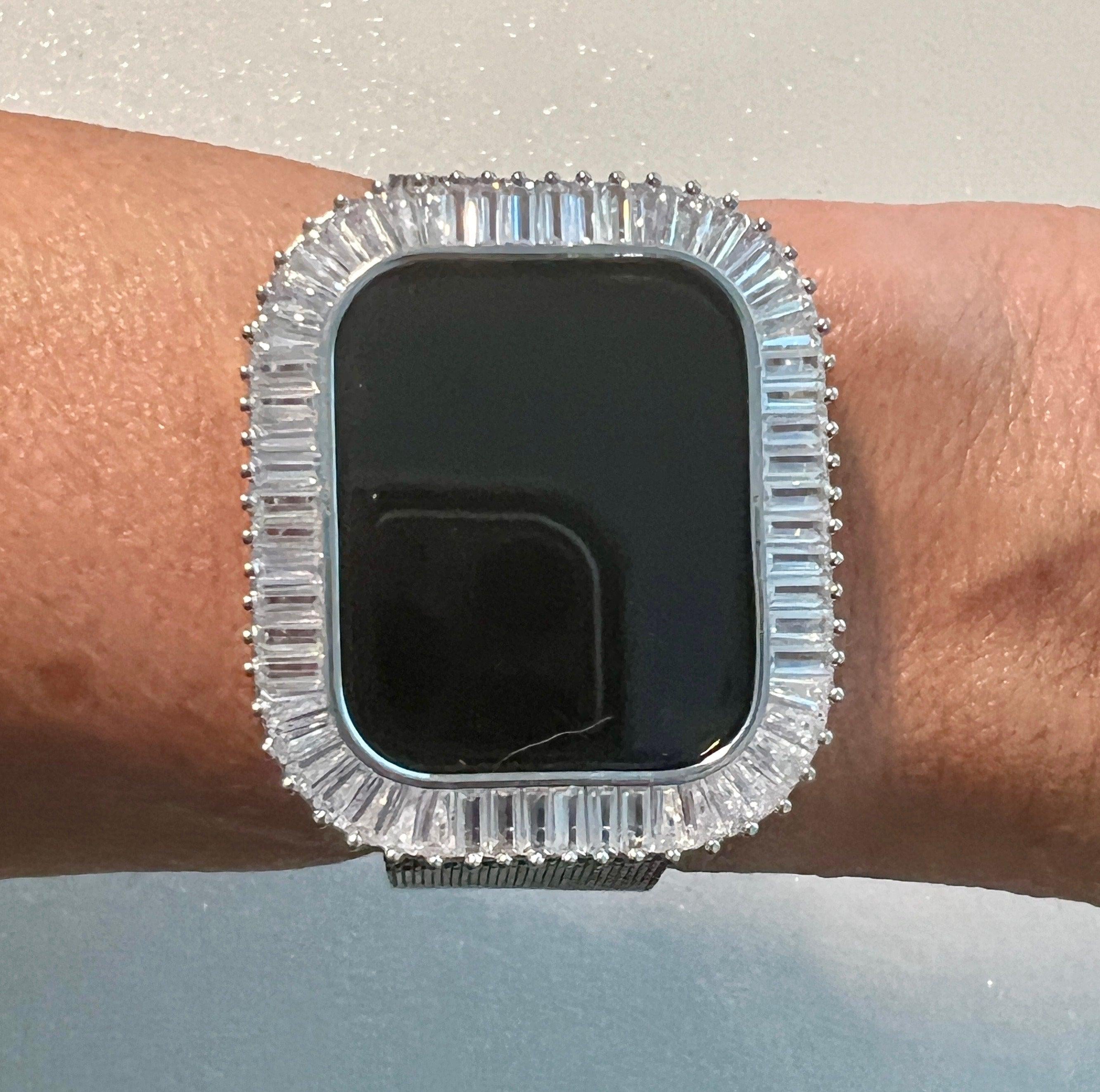 Series 9 Apple Watch Case 41mm 45mm Large Baguettes Lab Diamond Bezel Silver Apple Watch Cover Series 7/8/9 Iwatch Candy Protective Bumper