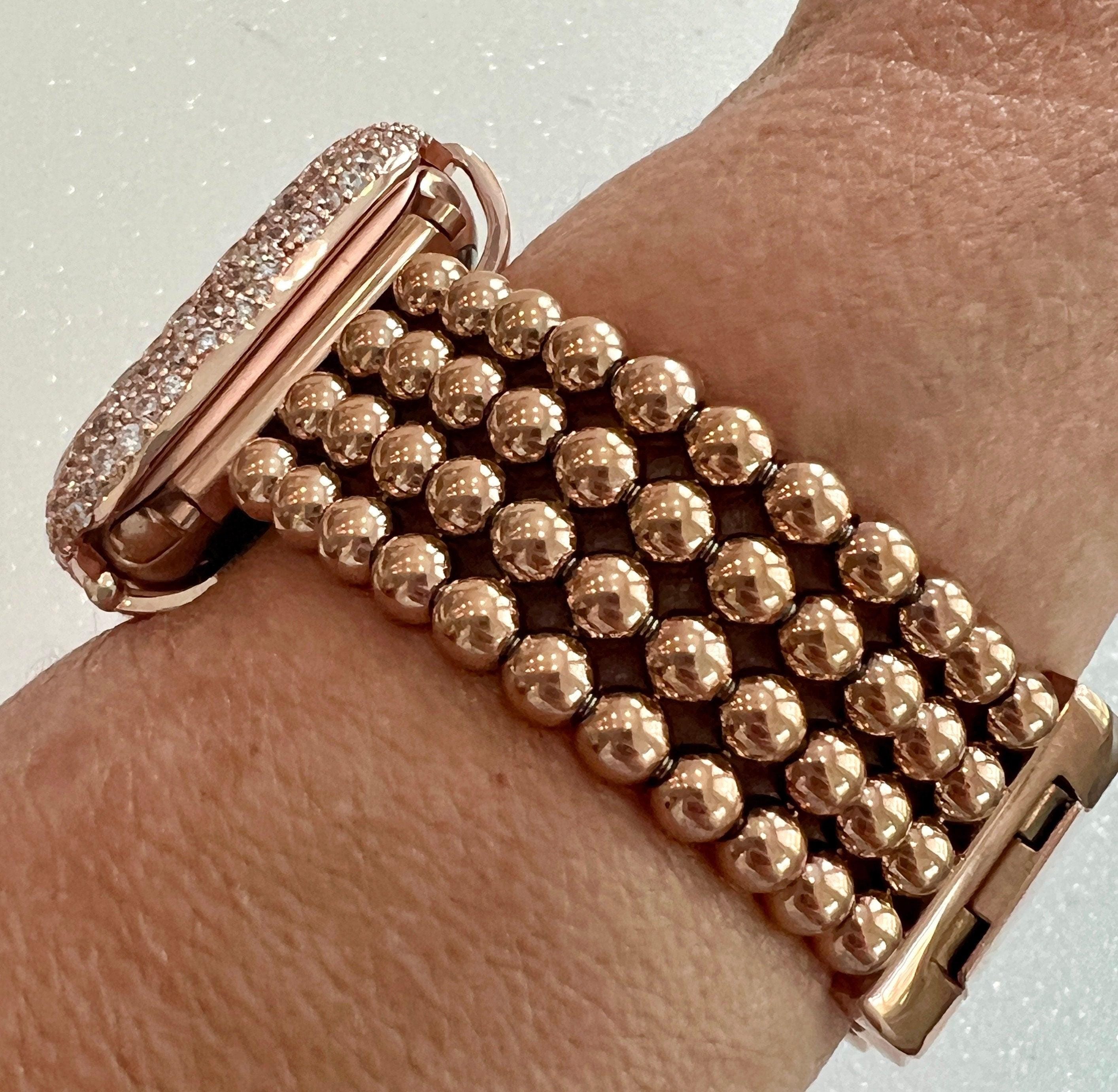 Rose Gold Apple Watch Band Women Four Row Beaded Bracelet 38mm-49mm Ultra& or Apple Watch Case Lab Diamond Bezel Cover Gift Iwatch Case