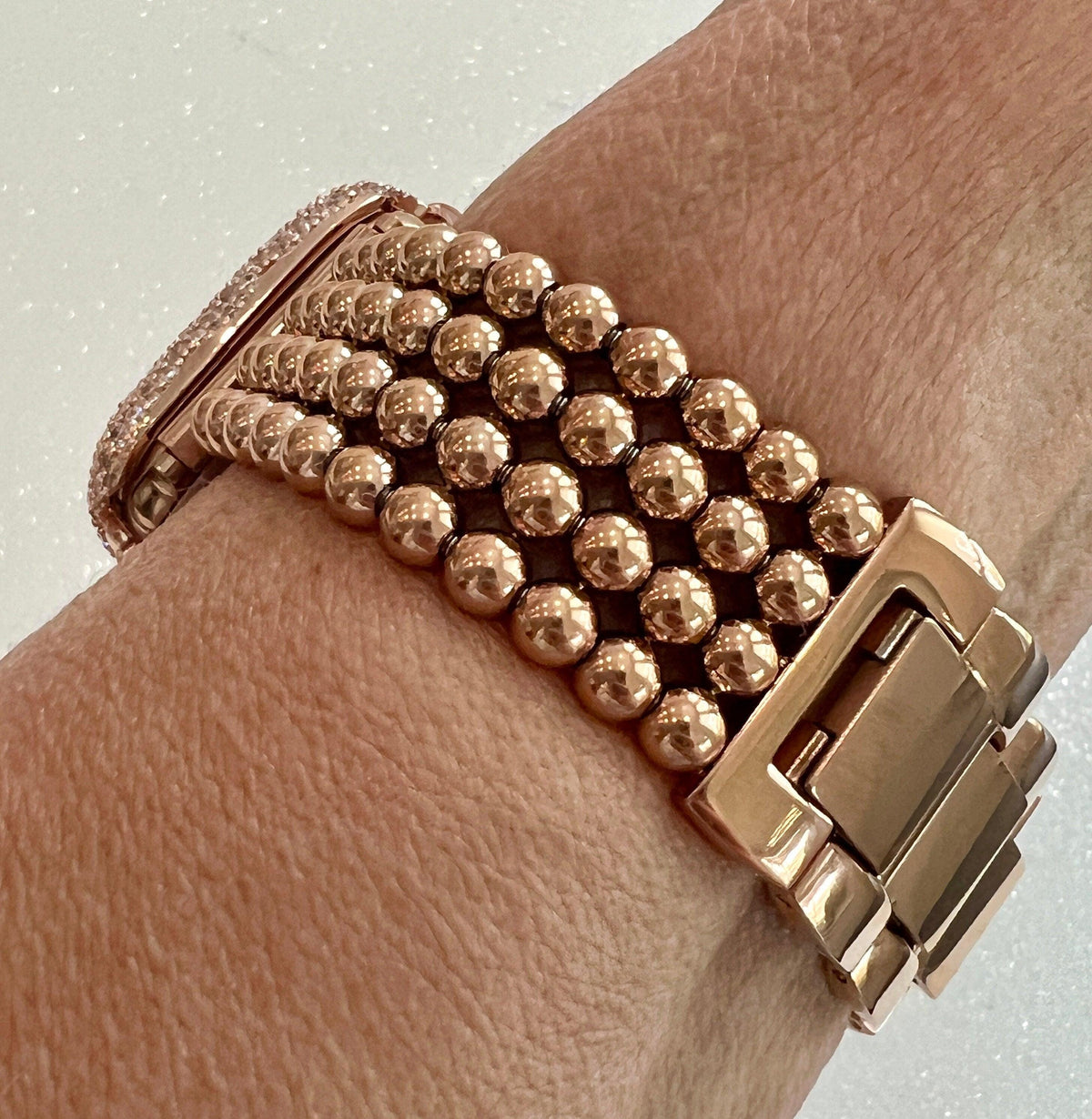 Rose Gold Apple Watch Band Women Four Row Beaded Bracelet 38mm-49mm Ultra& or Apple Watch Case Lab Diamond Bezel Cover Gift Iwatch Case