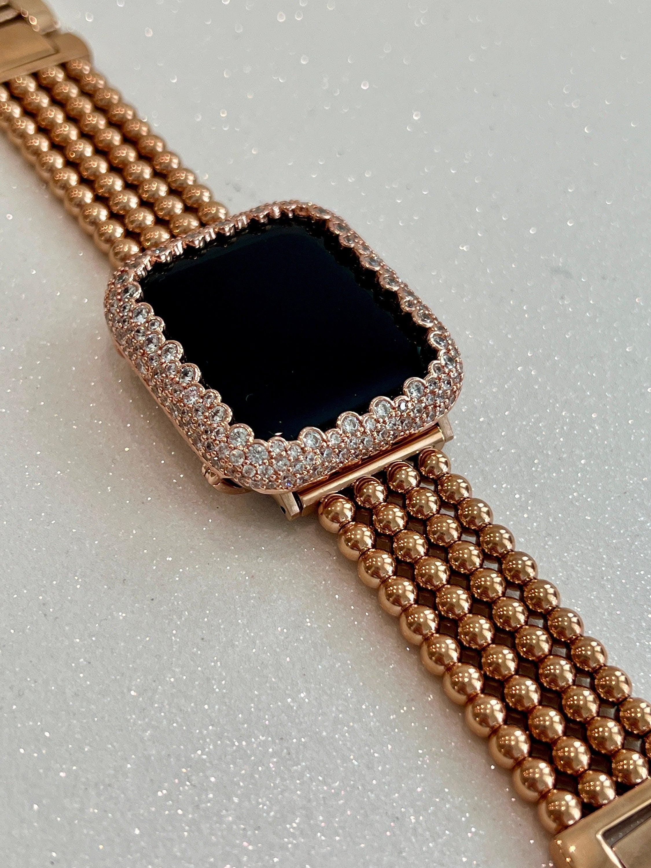 Rose Gold Apple Watch Band Women Four Row Beaded Bracelet 38mm-49mm Ultra& or Apple Watch Case Lab Diamond Bezel Cover Gift Iwatch Case